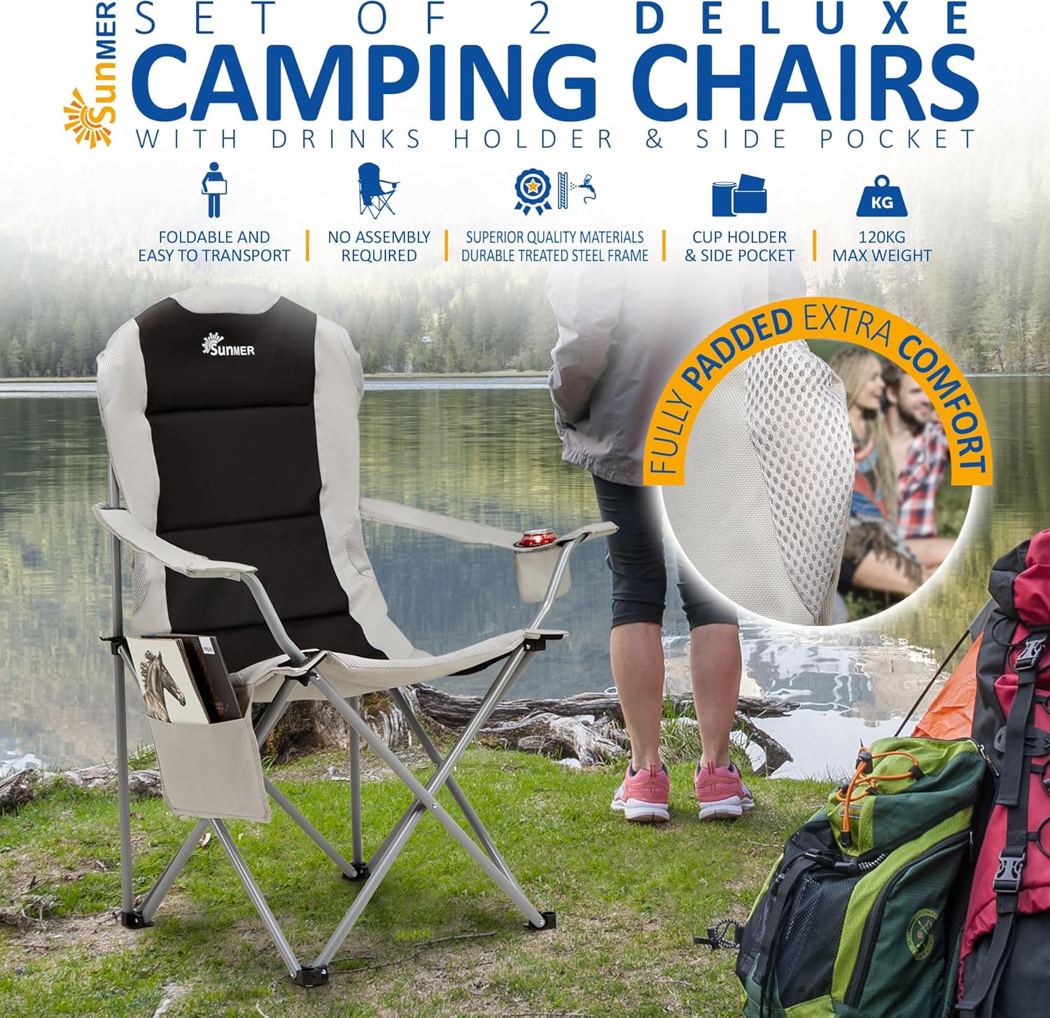 Padded Folding Camping Chairs 2 Pack Cup Holder Black Grey