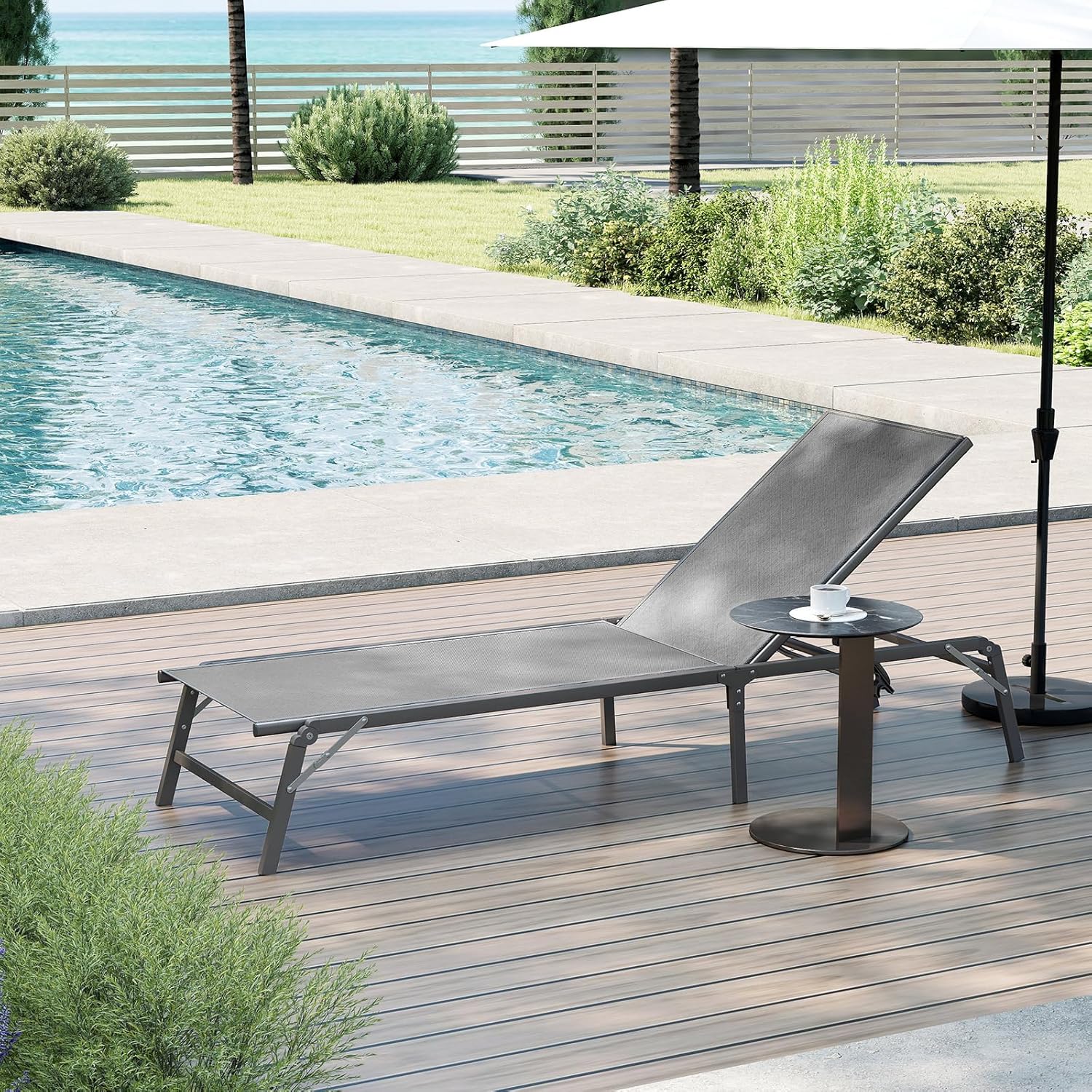 Folding Sun Lounger 5 Position Reclining Garden Chair Grey