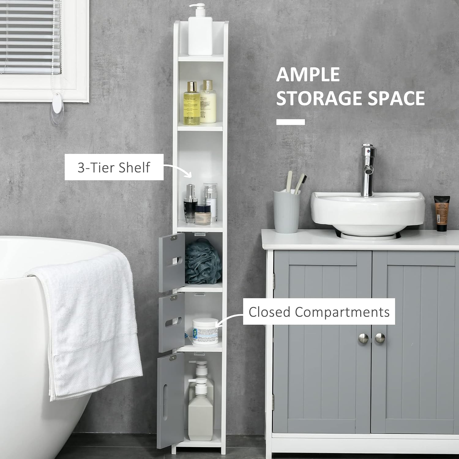 Slim Tall Bathroom Storage Cabinet 3 Doors Open Shelves Grey