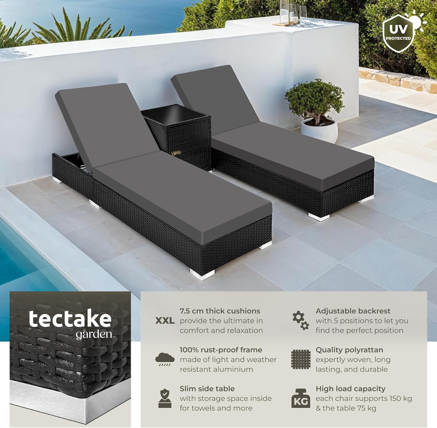 3 Piece Rattan Sun Lounger Set Recliners Table Black