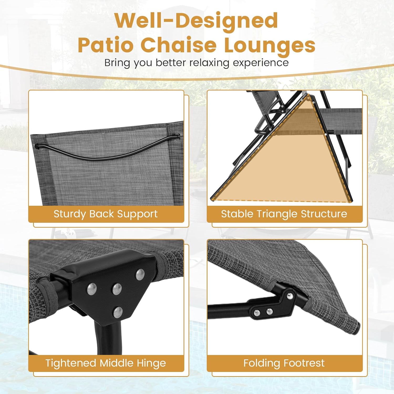 2 Folding Sun Loungers 6 Position Recliner Chairs Grey