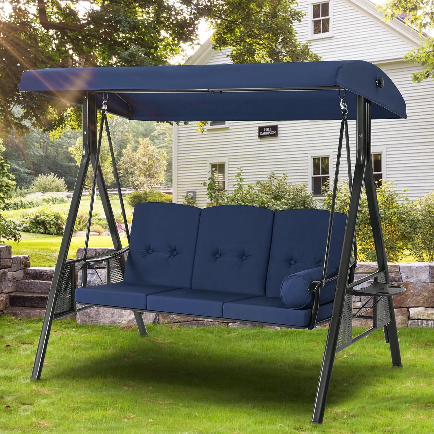 3 Seater Garden Swing Chair Blue Canopy Cup Trays