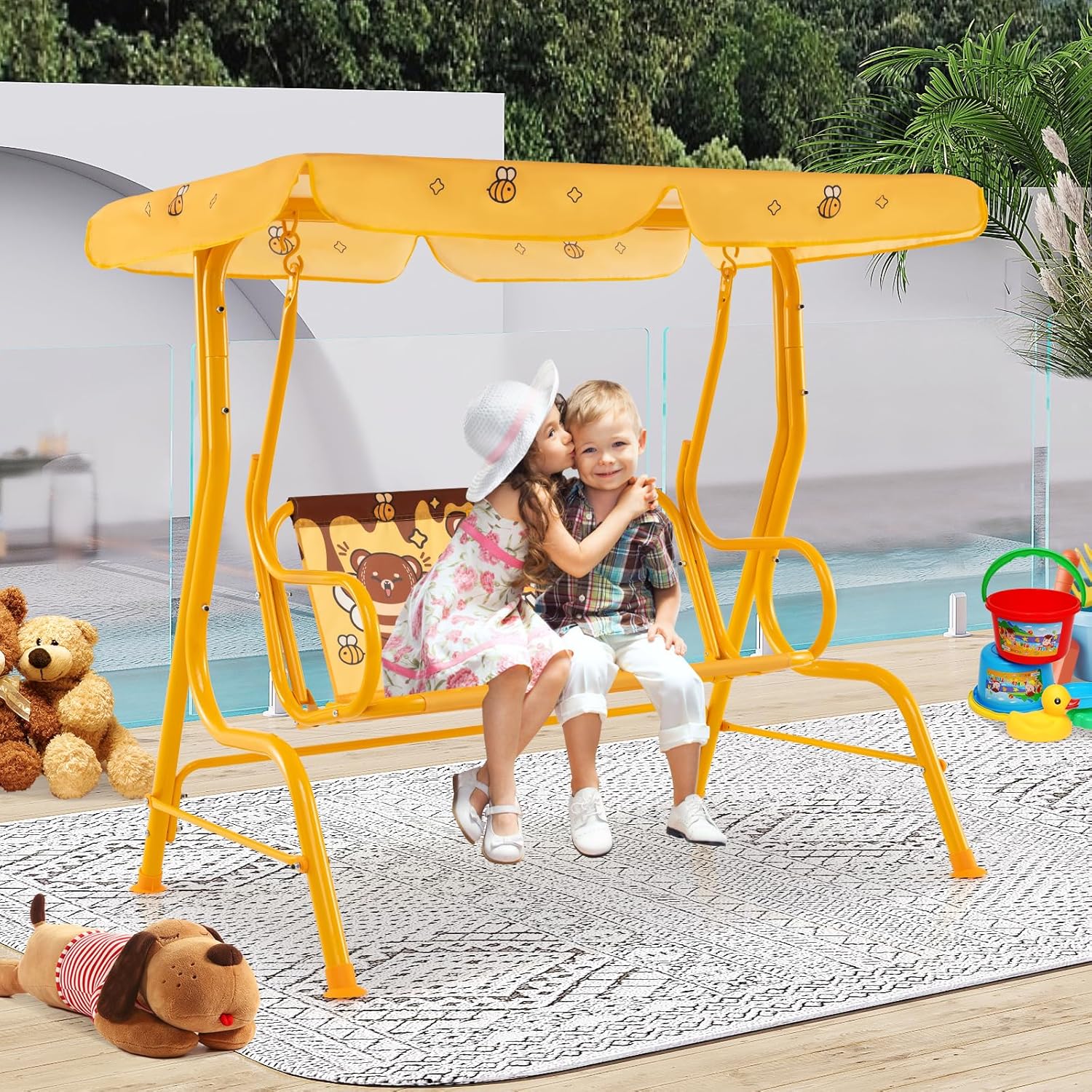 Kids 2 Seat Swing Chair Orange Canopy Safety Belts