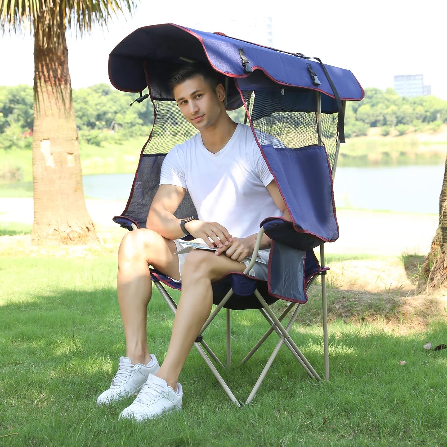 Folding Camping Chair with Adjustable Canopy Shade Navy