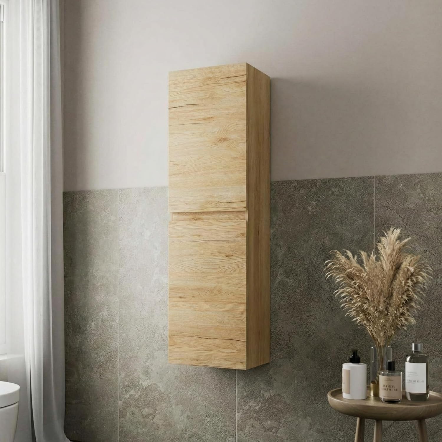 Oak Wall Mounted Tall Bathroom Cabinet Soft Close 2 Door Storage Unit