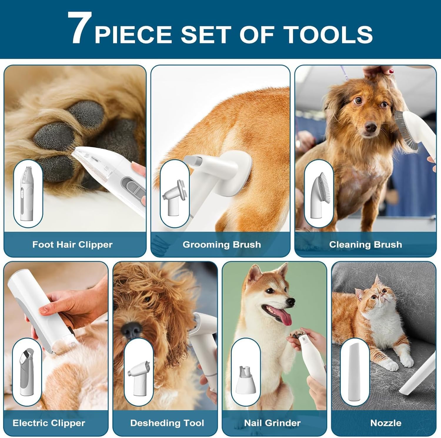 Dog Grooming Vacuum Kit 7 Tools 99 Hair Remover Set