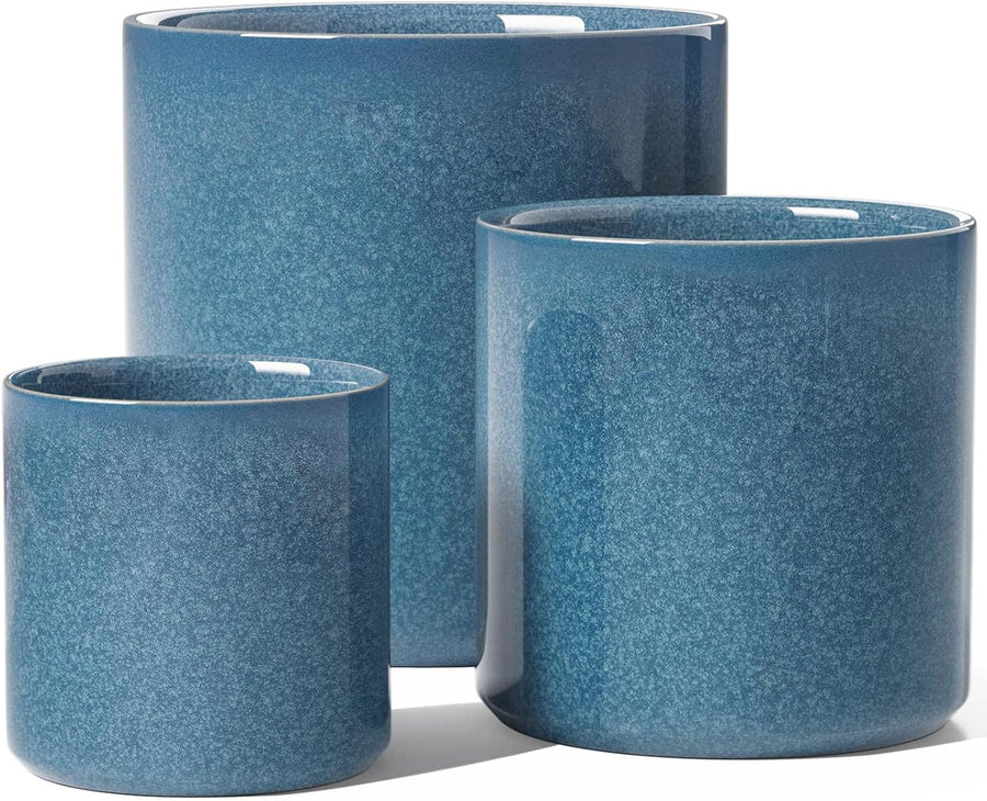 Ceramic Plant Pots Set 3 Harbor Blue Indoor Planters Drainage