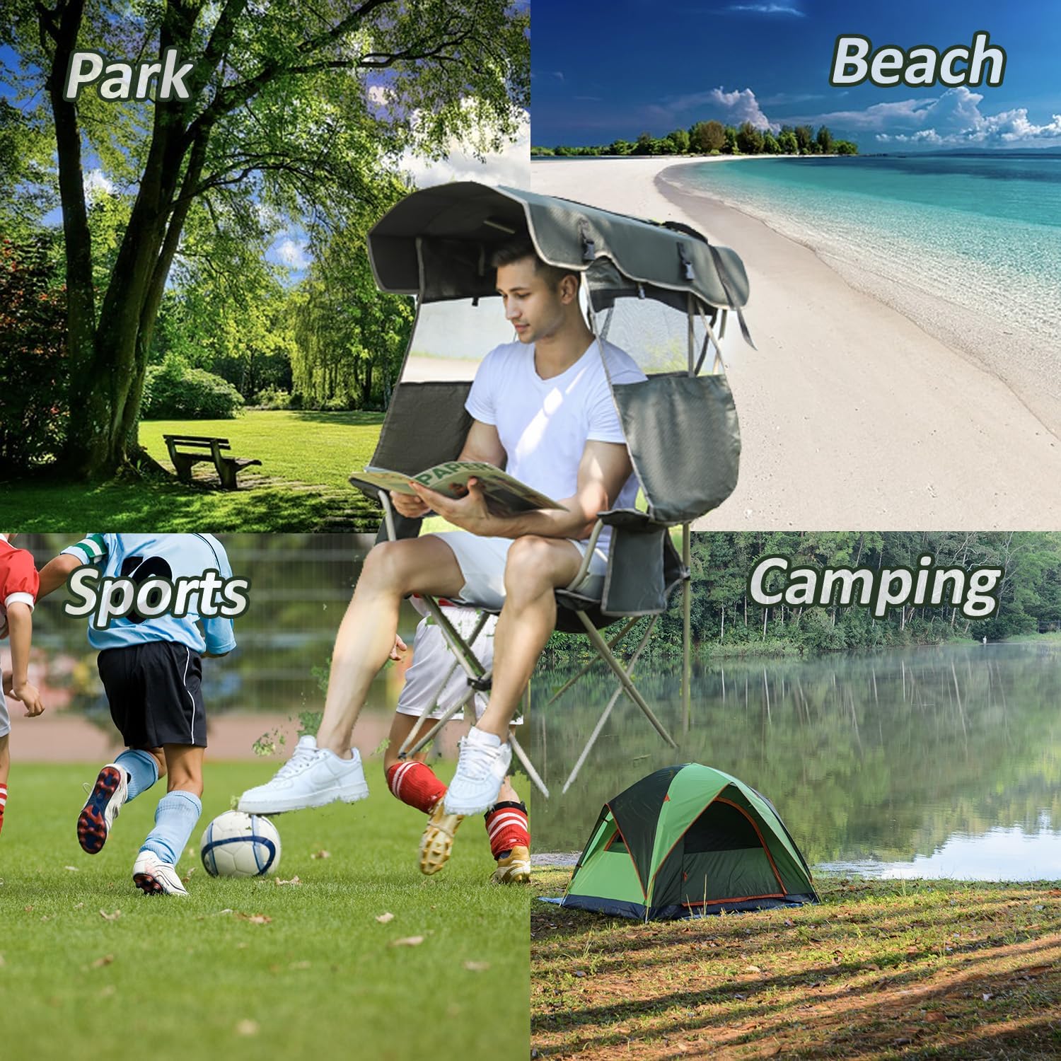 Camping Chair with Adjustable Canopy Shade Cup Holder Green