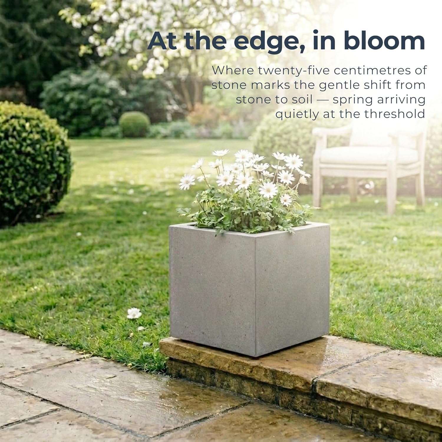 25cm Grey Square Planter Stone Effect Small Garden Pot Drainage