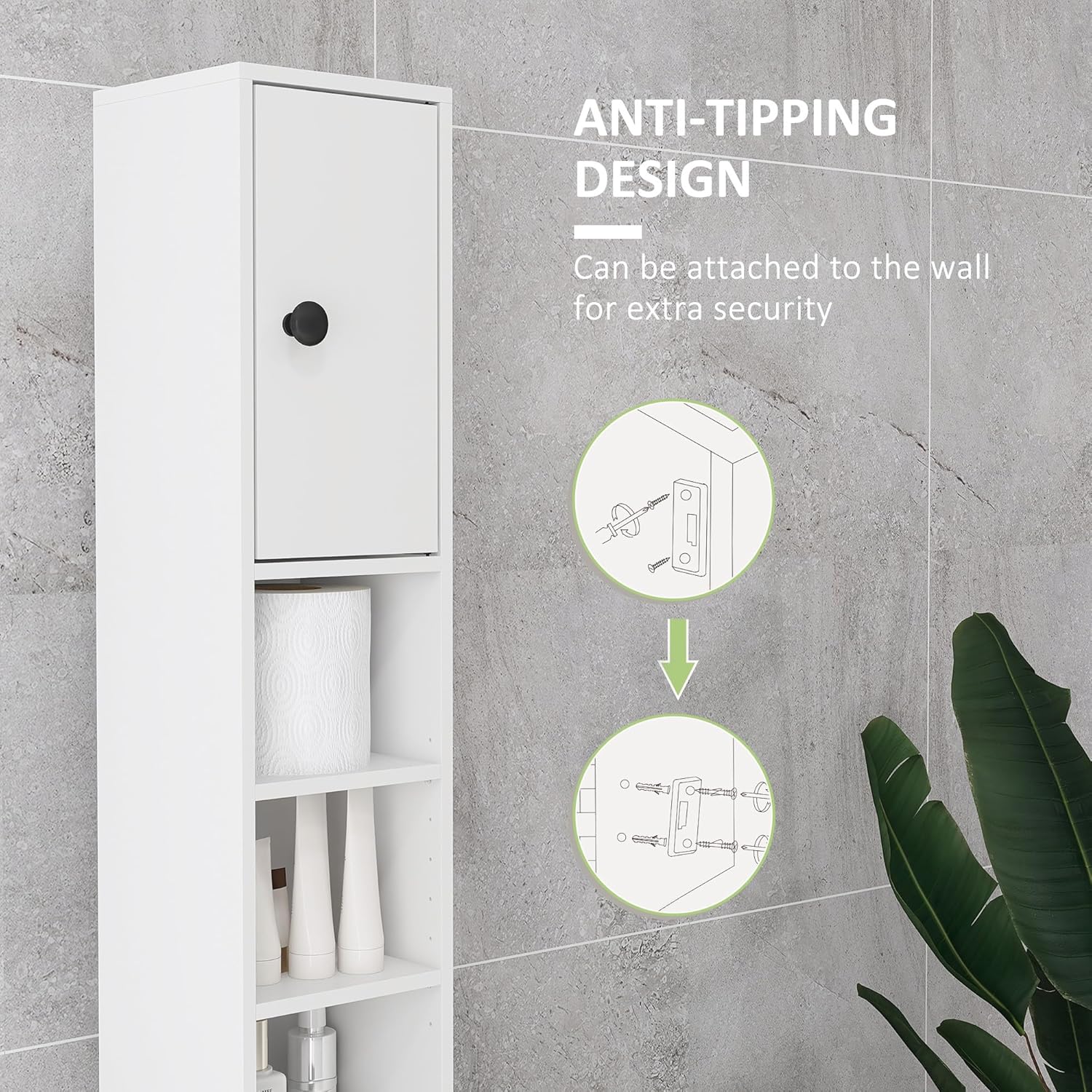 180cm Slim Bathroom Storage Cabinet 4 Shelves 2 Doors White