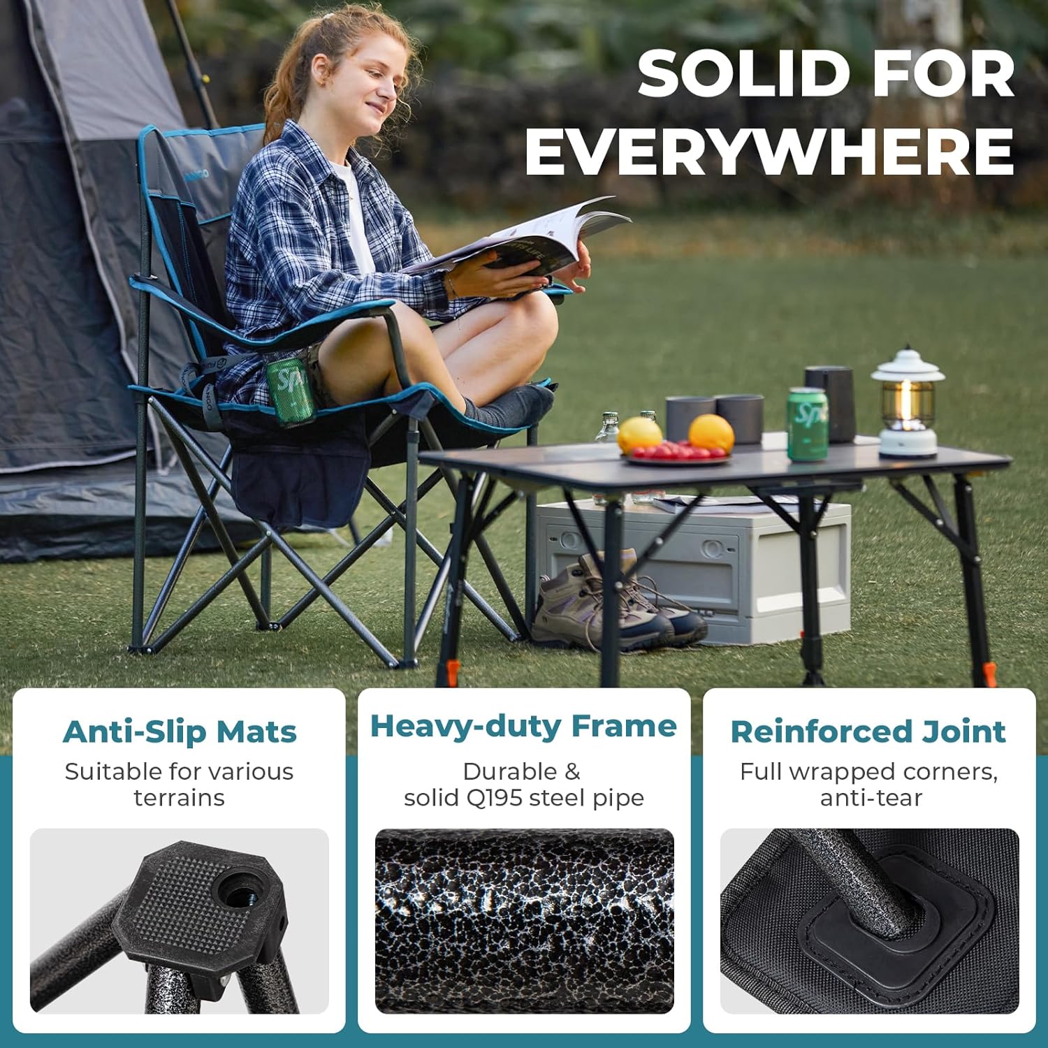 Oversized Camping Chair with Cooler and Lumbar Support Black