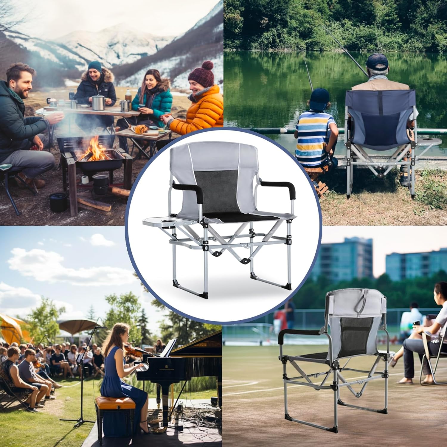 Oversized Directors Camping Chair with Side Table Grey