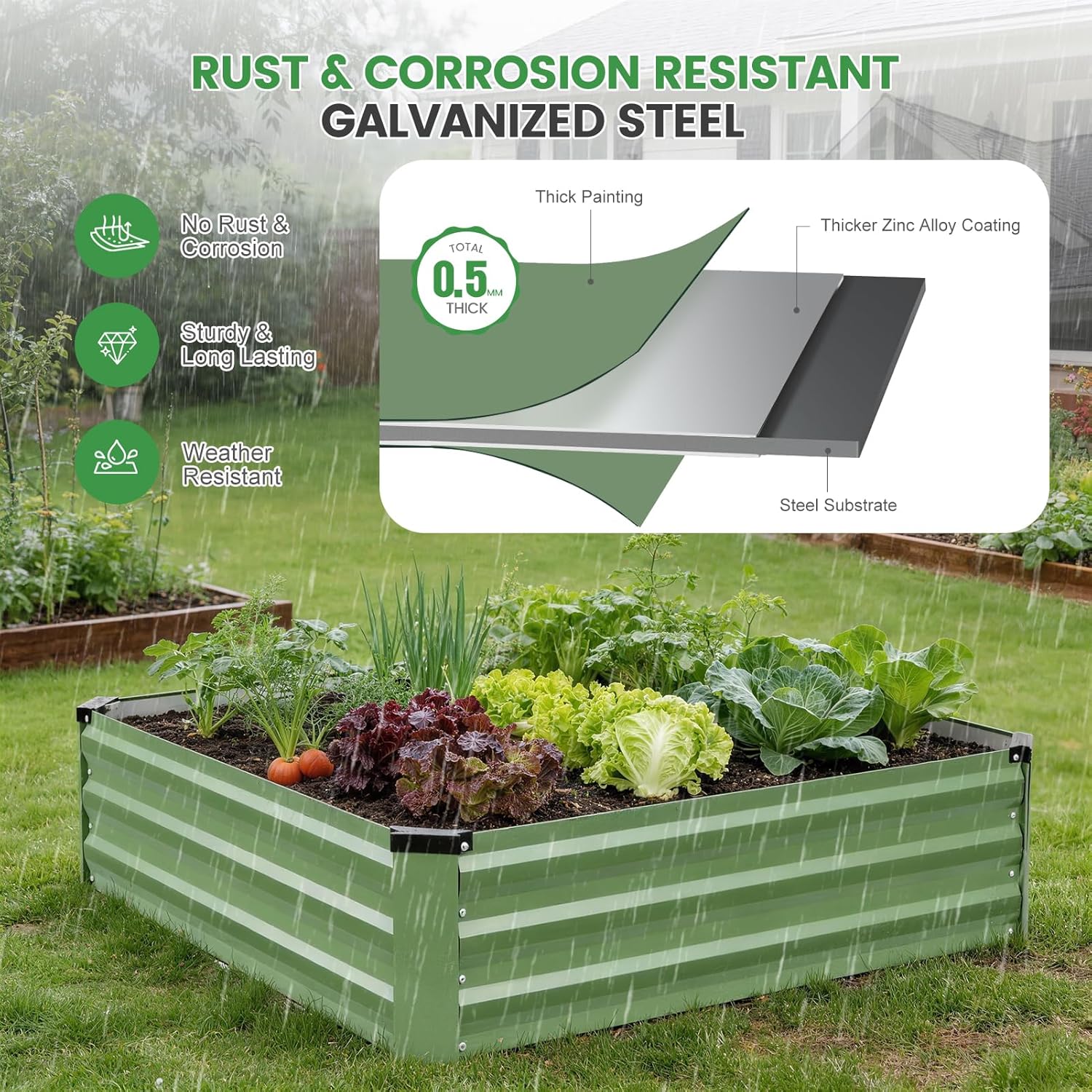 Set of 2 Metal Raised Garden Beds 120x120cm Olive Green