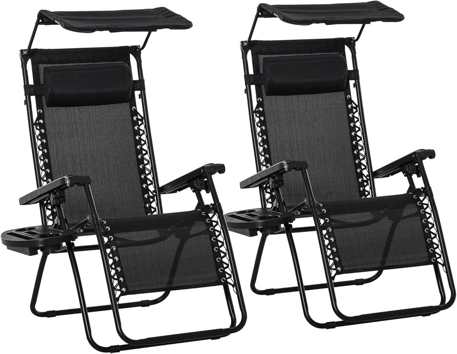 2 Zero Gravity Sun Lounger Chairs Foldable with Canopy Black