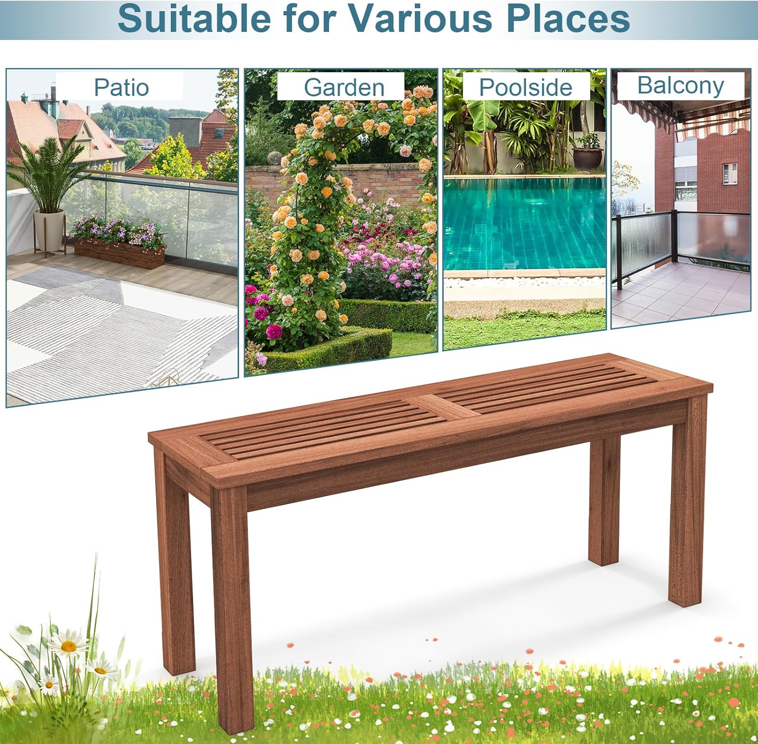 2 Seater Wooden Garden Bench Backless Patio Dining Seat 100cm