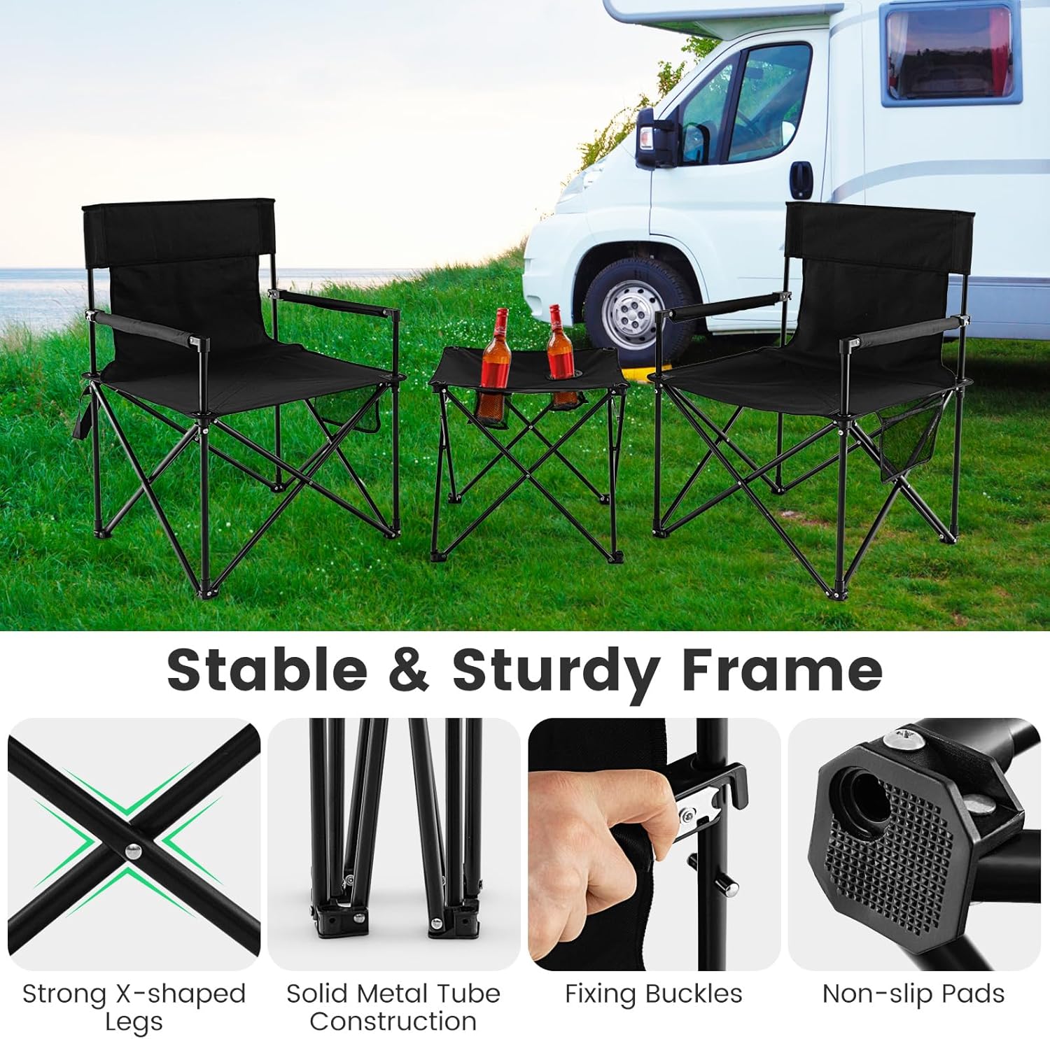 3 Piece Folding Camping Chairs and Table Set Portable