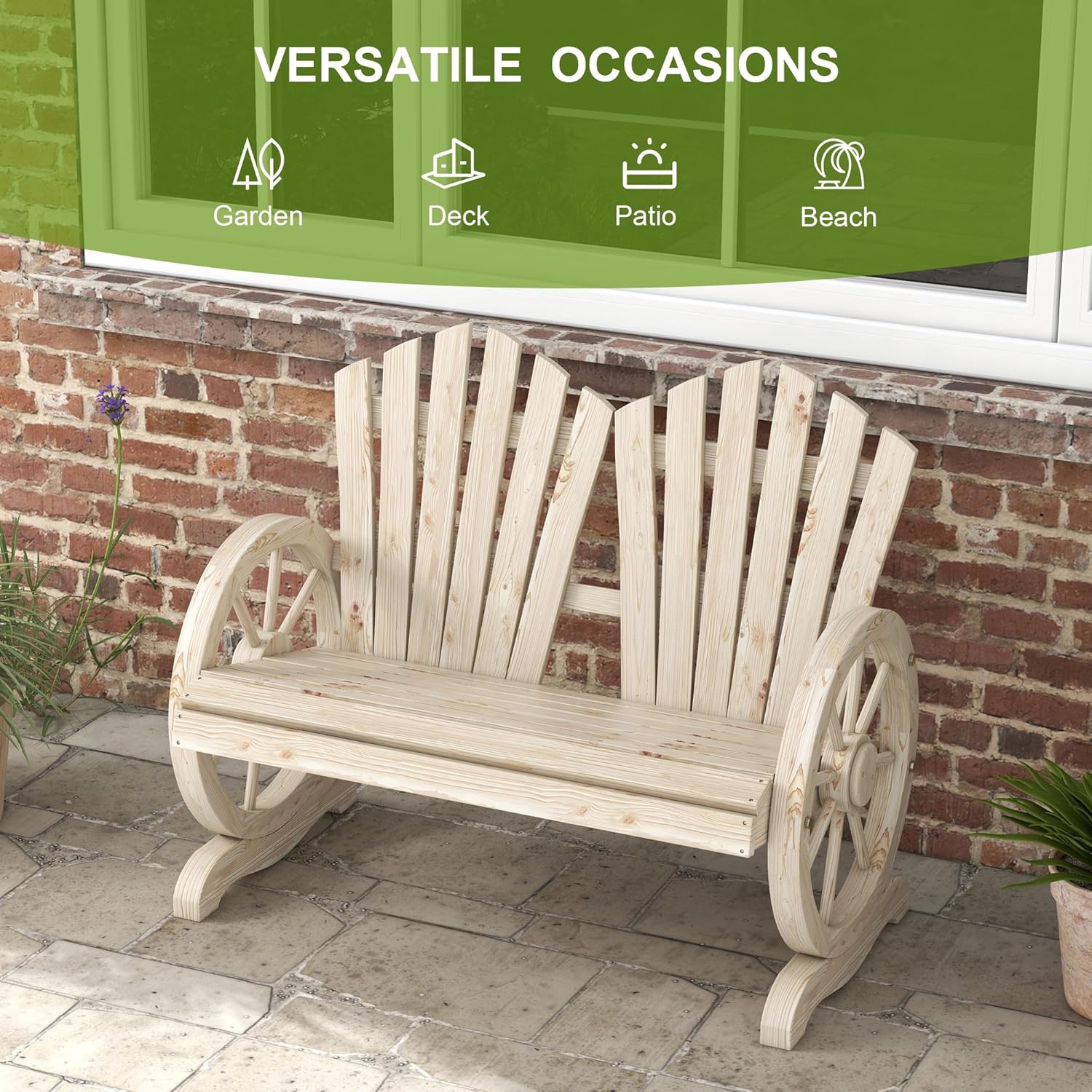 Adirondack 2 Seater Wooden Garden Bench Wagon Wheel Arms