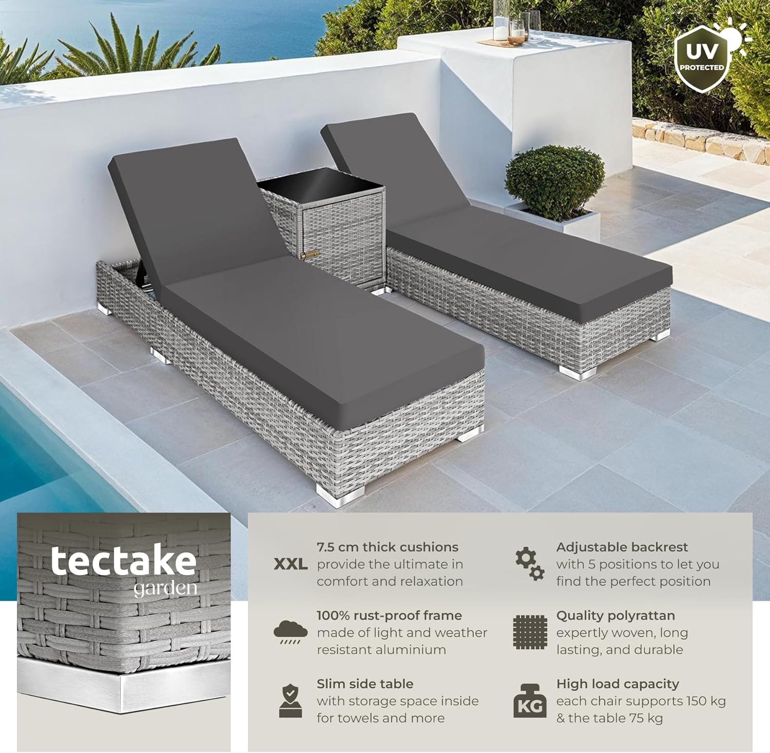 3 Piece Rattan Sun Lounger Set Recliners Table Light Grey
