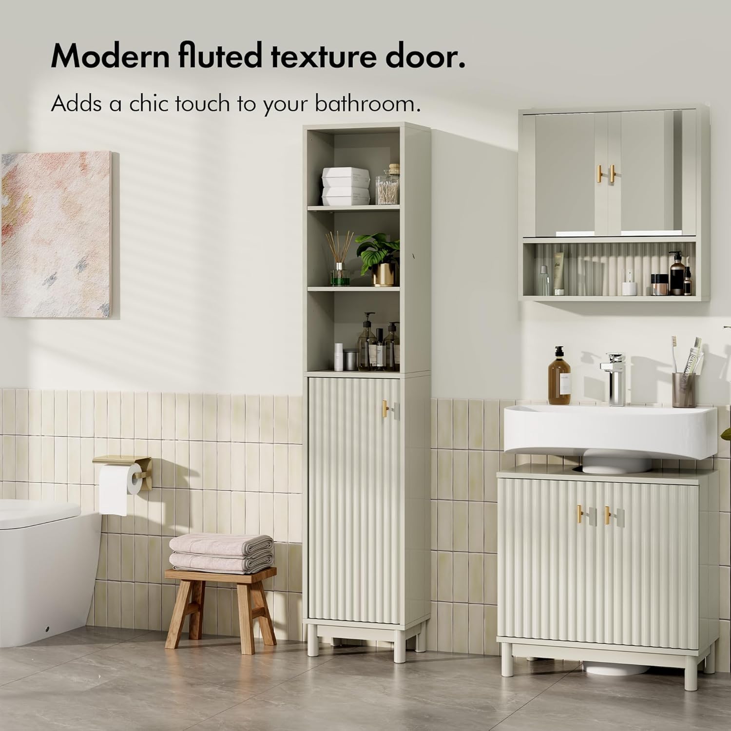 Tall Bathroom Cabinet Slim Storage Unit Stone 6 Shelf