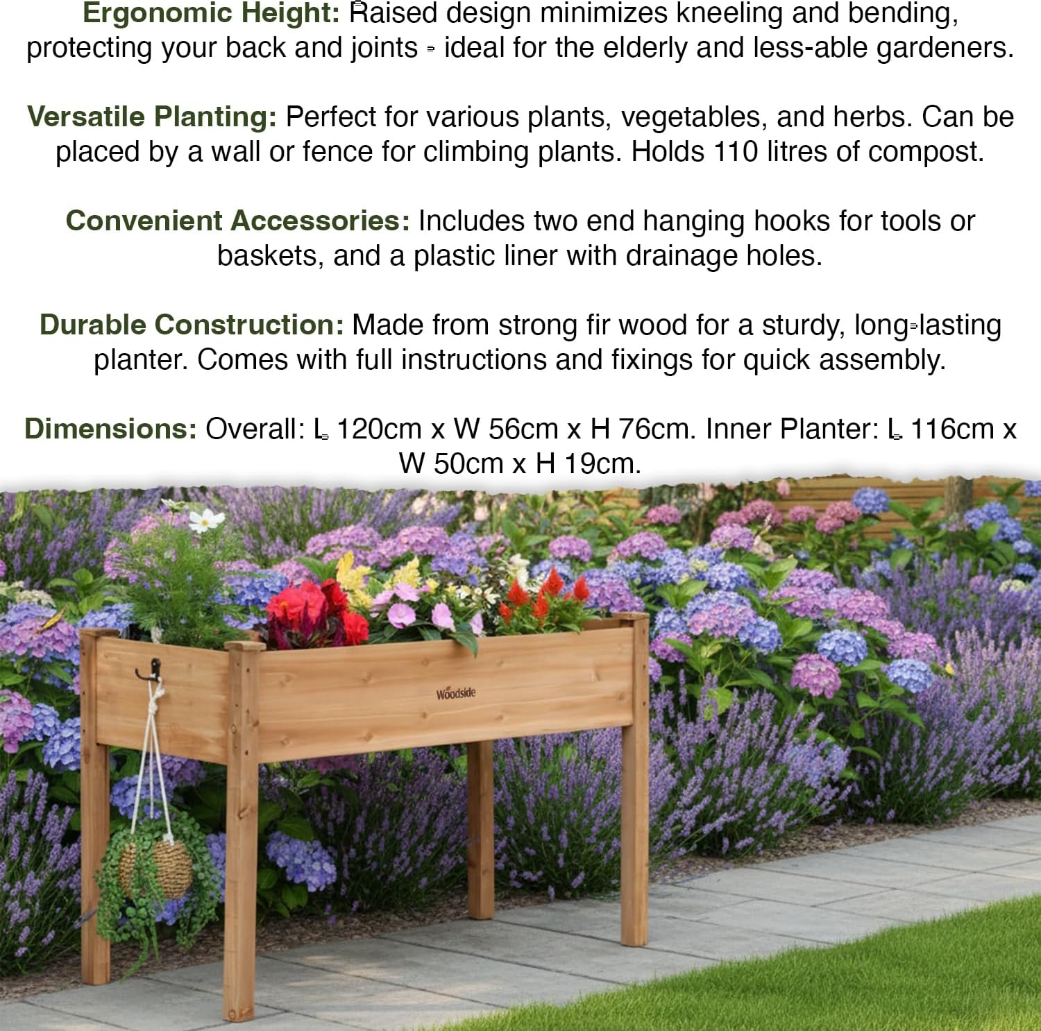 Raised Wooden Garden Planter 120cm Elevated Herb Vegetable Bed