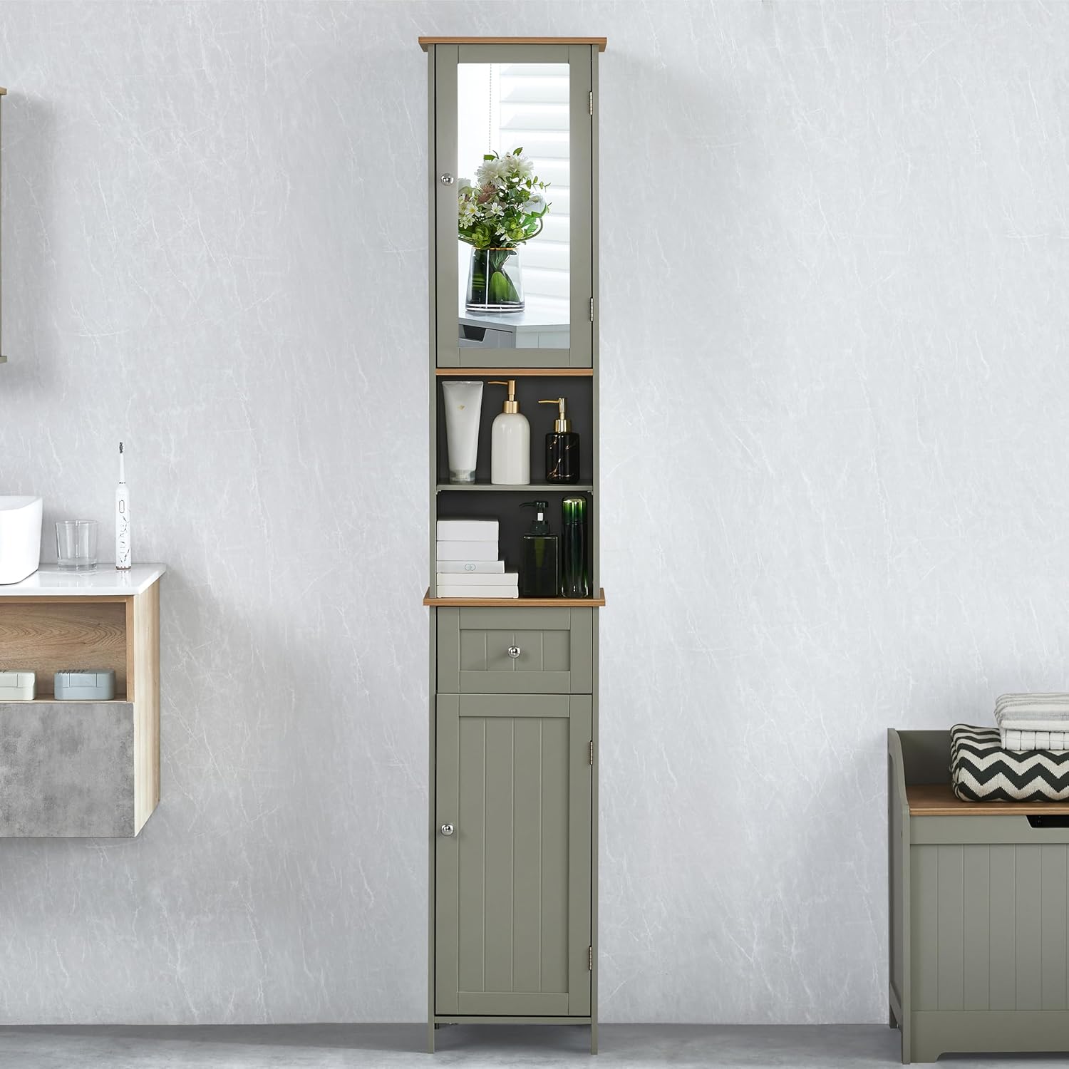 Tall Mirrored Bathroom Cabinet Grey Oak 2 Door Drawer 190cm