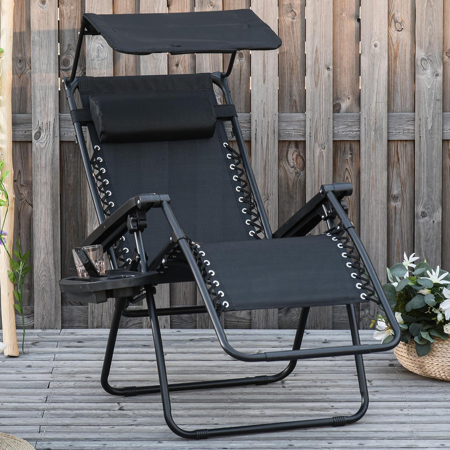 Zero Gravity Sun Lounger Chair Foldable with Canopy Black