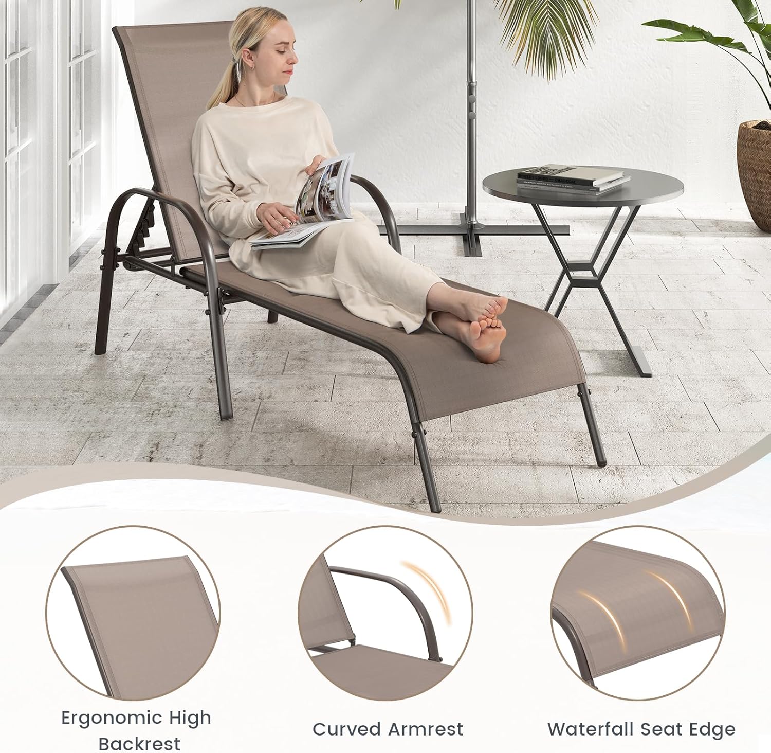 Garden Sun Lounger 5 Position Recliner Chair Brown