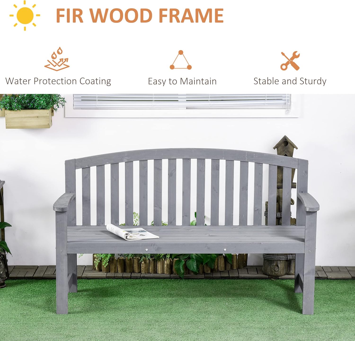 2 Seater Wooden Garden Bench with Armrests Outdoor Patio Seat