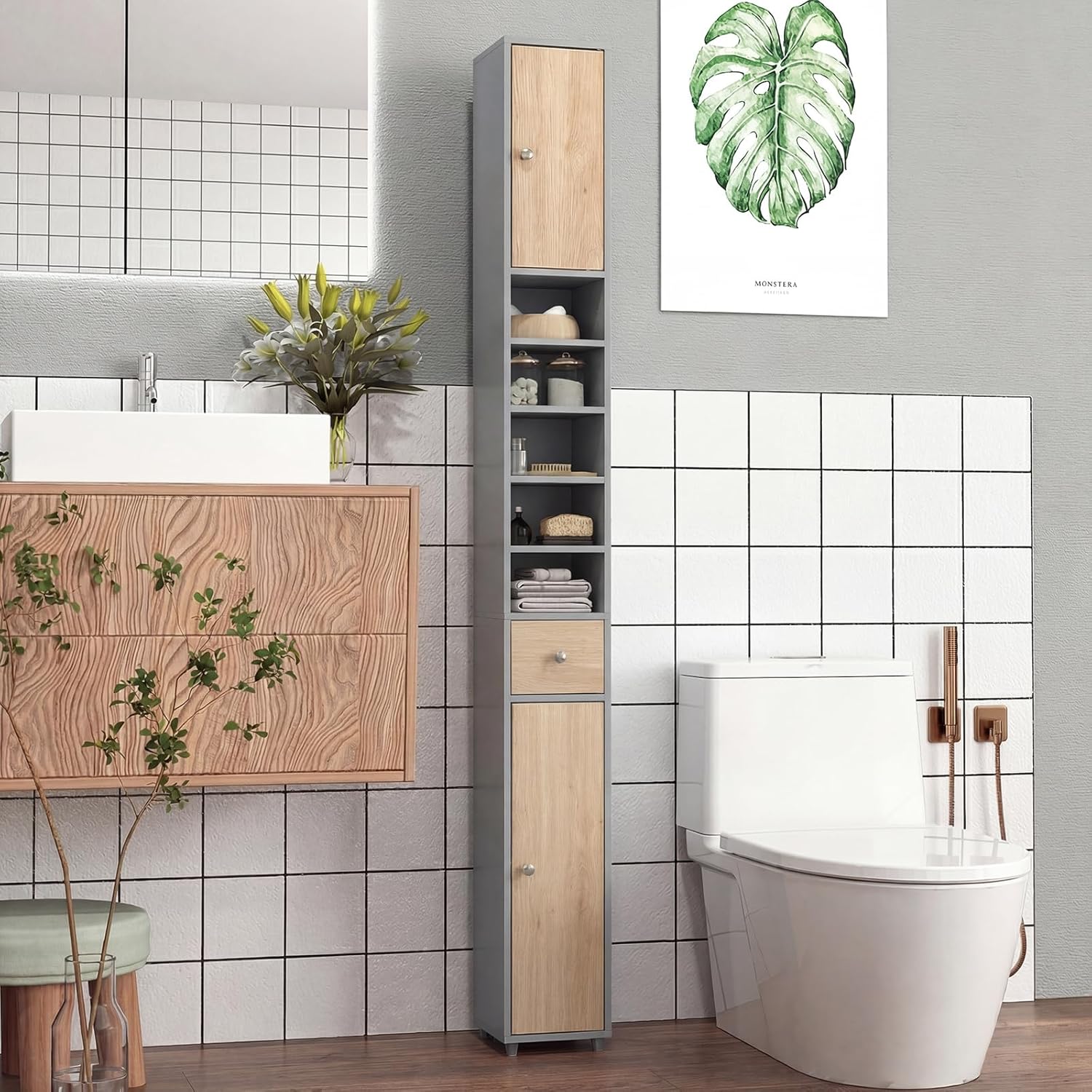 Tall Slim Bathroom Storage Cabinet Drawer Shelves Natural Grey