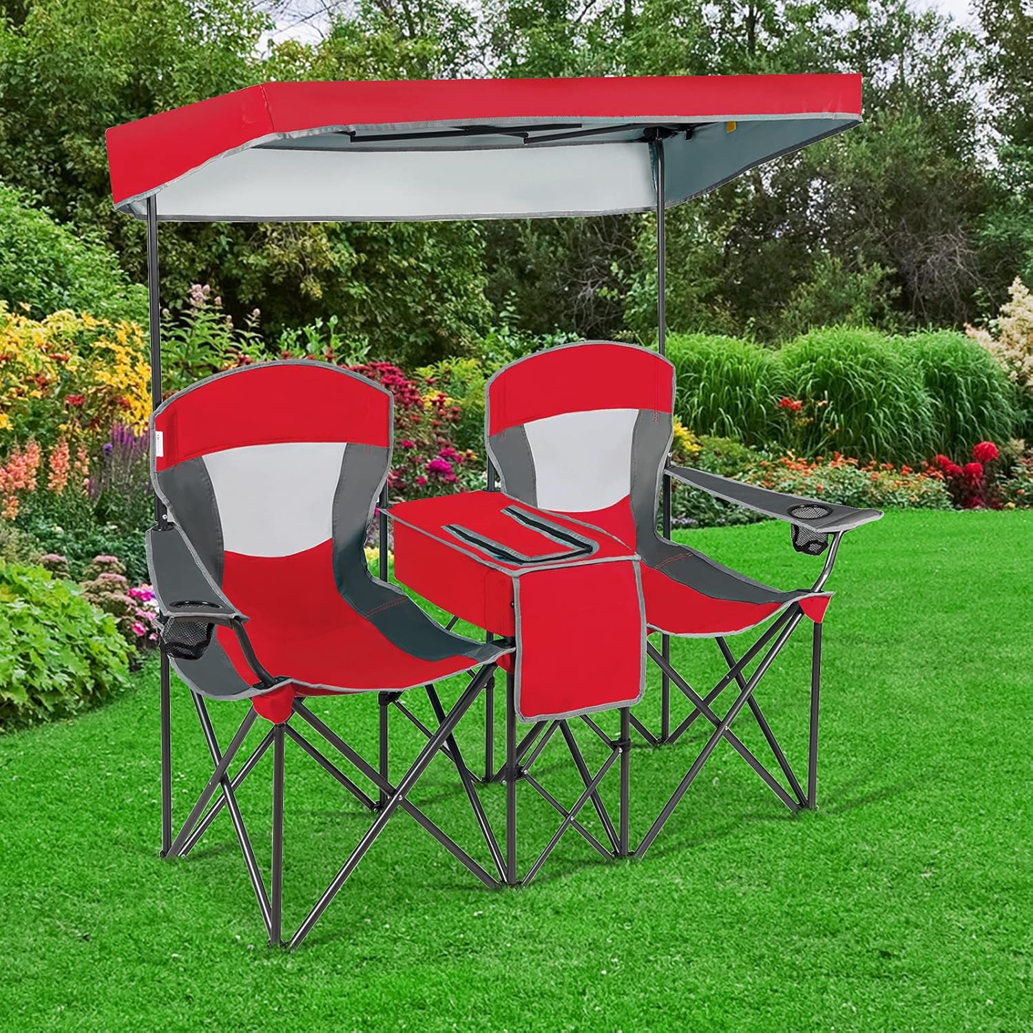 Red Double Camping Chair with Canopy 2 Seater
