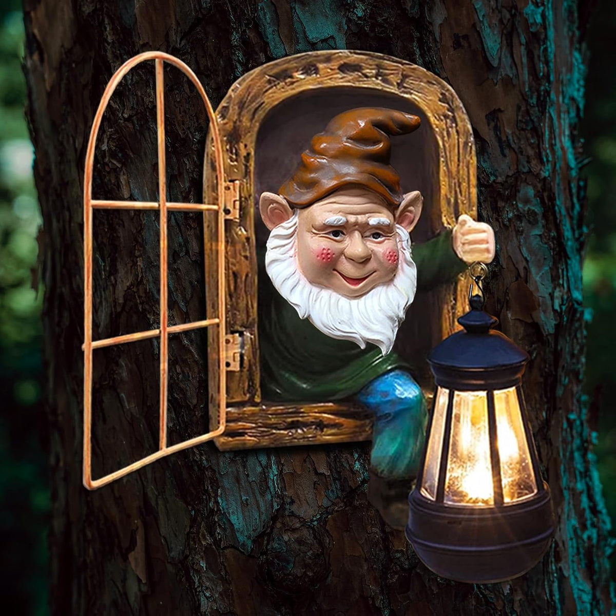 Solar Tree Face Gnome Garden Wall Decor Lantern Outdoor Statue