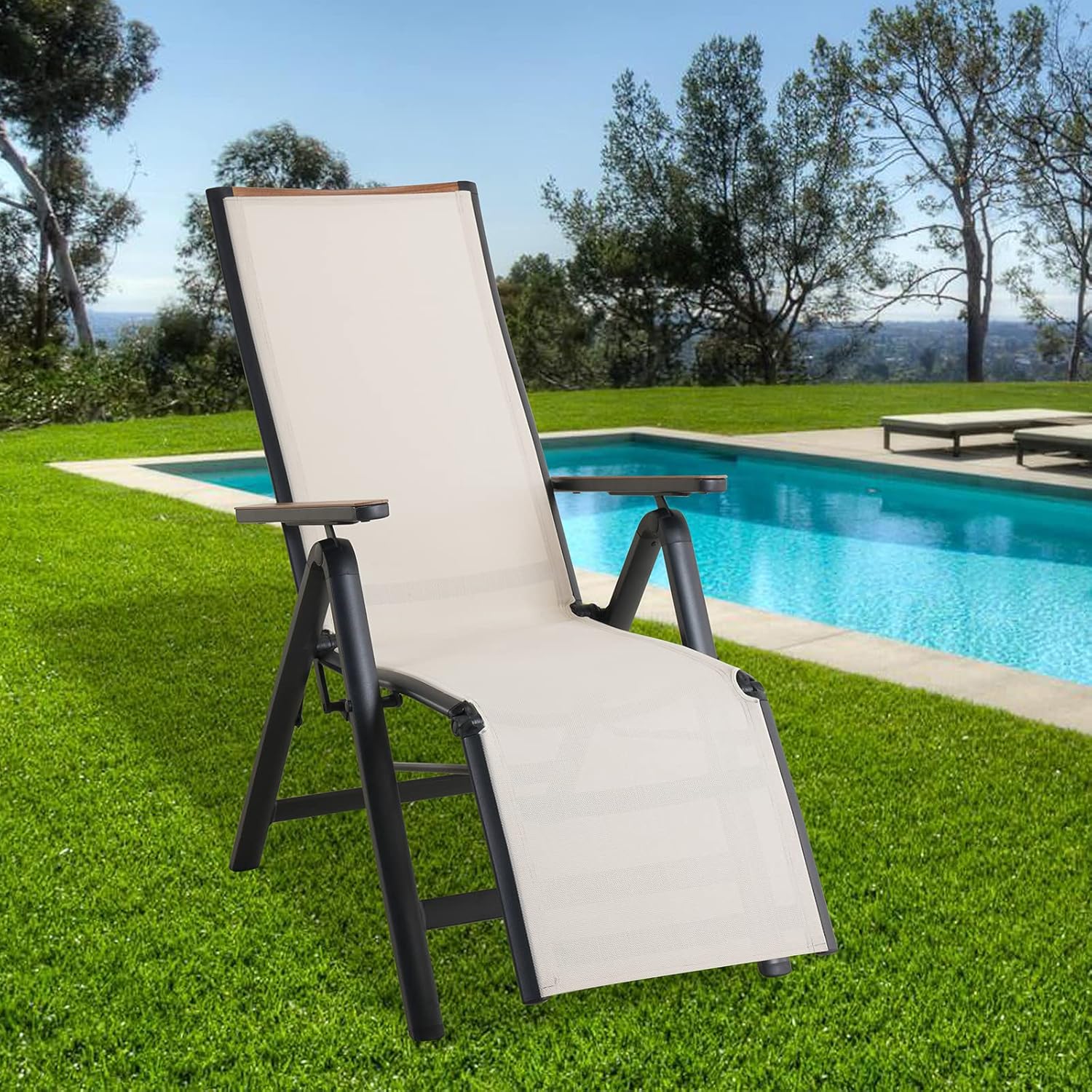 Foldable Sun Lounger Beige Reclining Garden Chair Aluminium