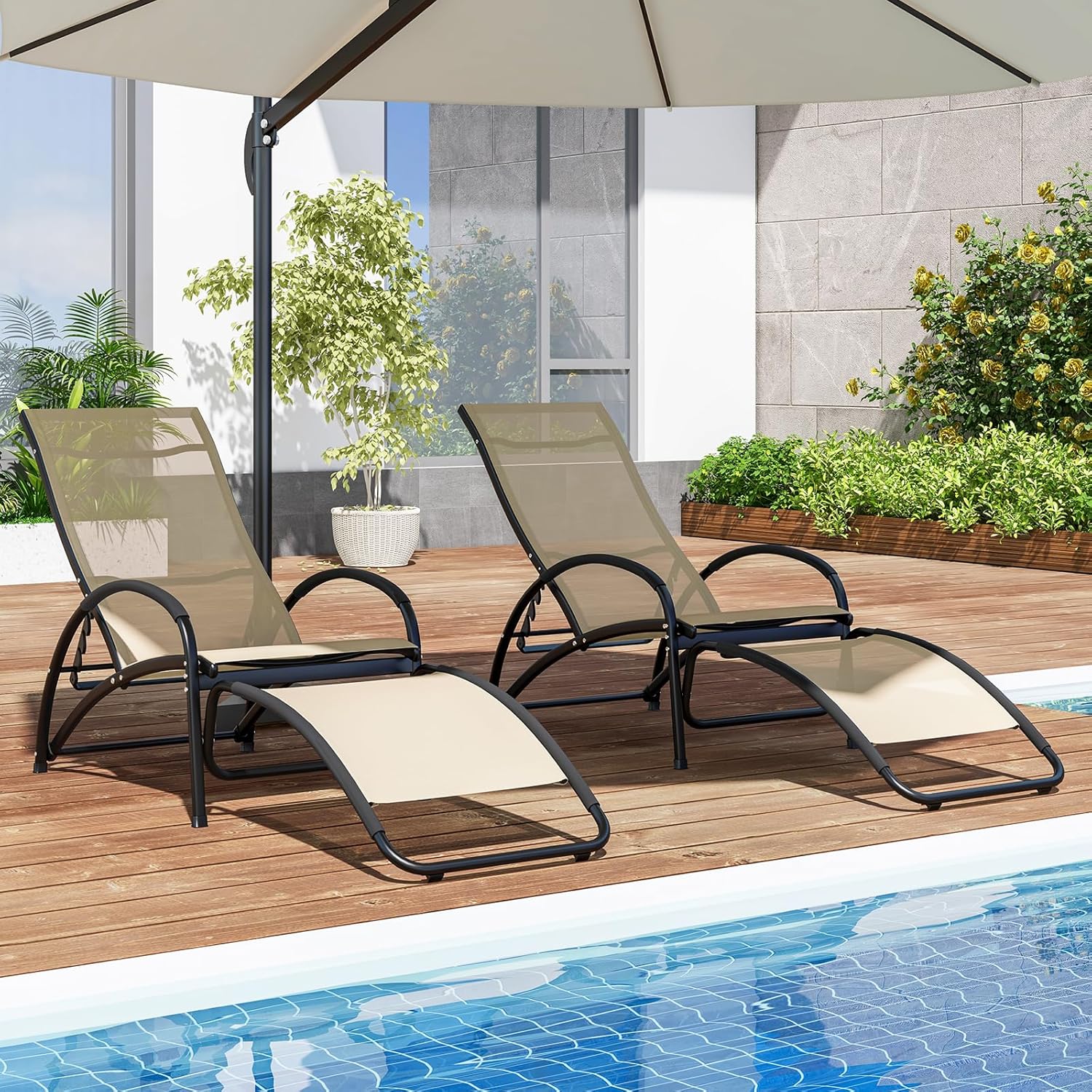 2 in 1 Garden Sun Lounger Rocking Chair Adjustable Beige