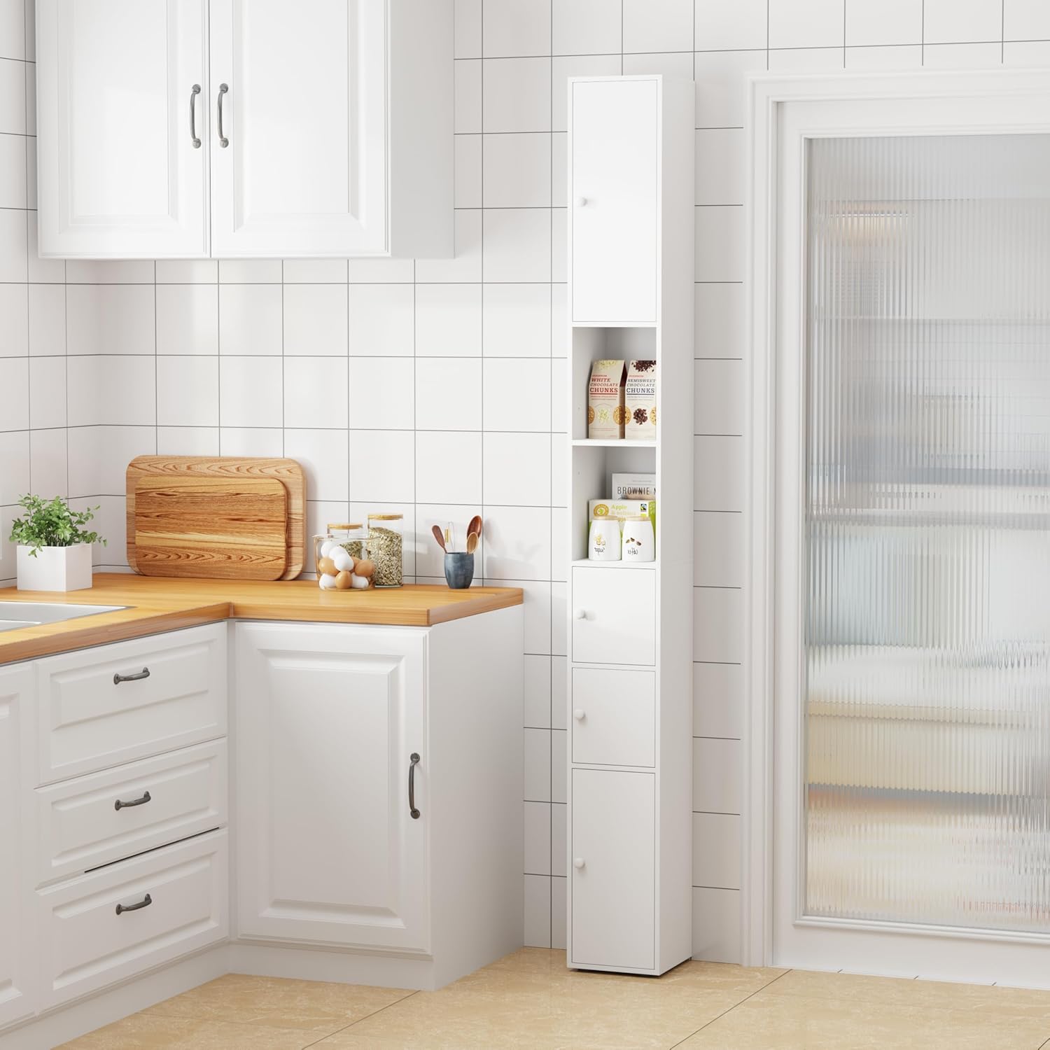 Tall Slim Bathroom Storage Cabinet White Shelves Door Unit