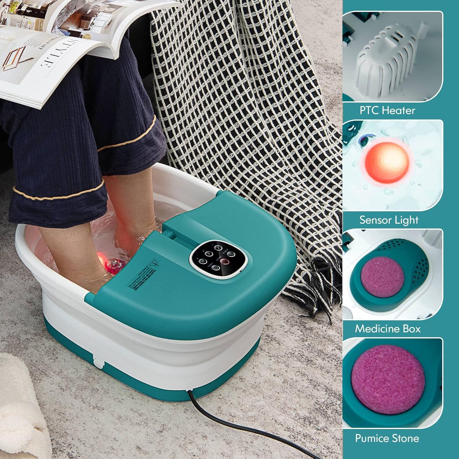 Foot Spa Massager Heat Bubble Folding Foot Bath Temp Control Timer