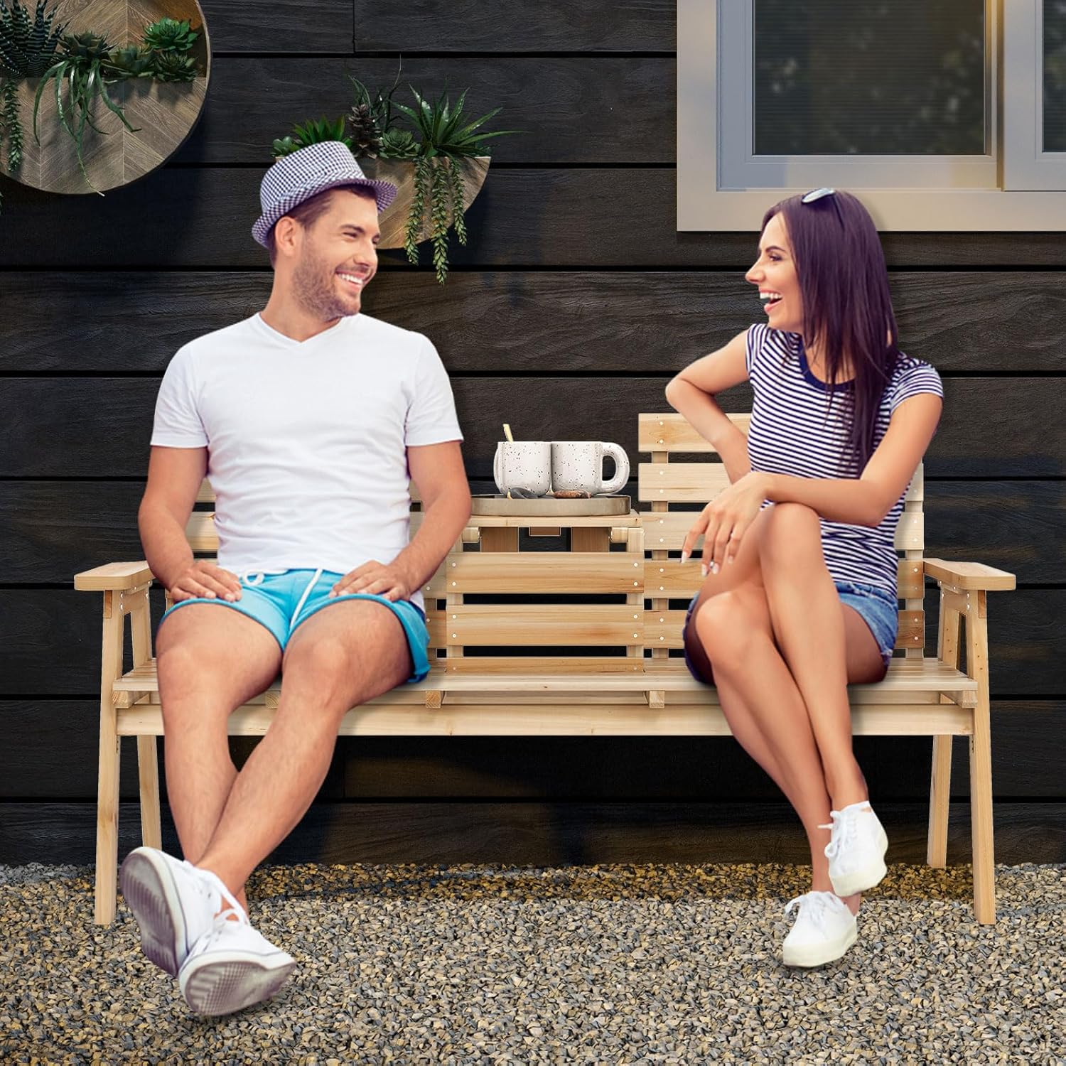 3 Seater Wooden Garden Bench with Foldable Table 160cm