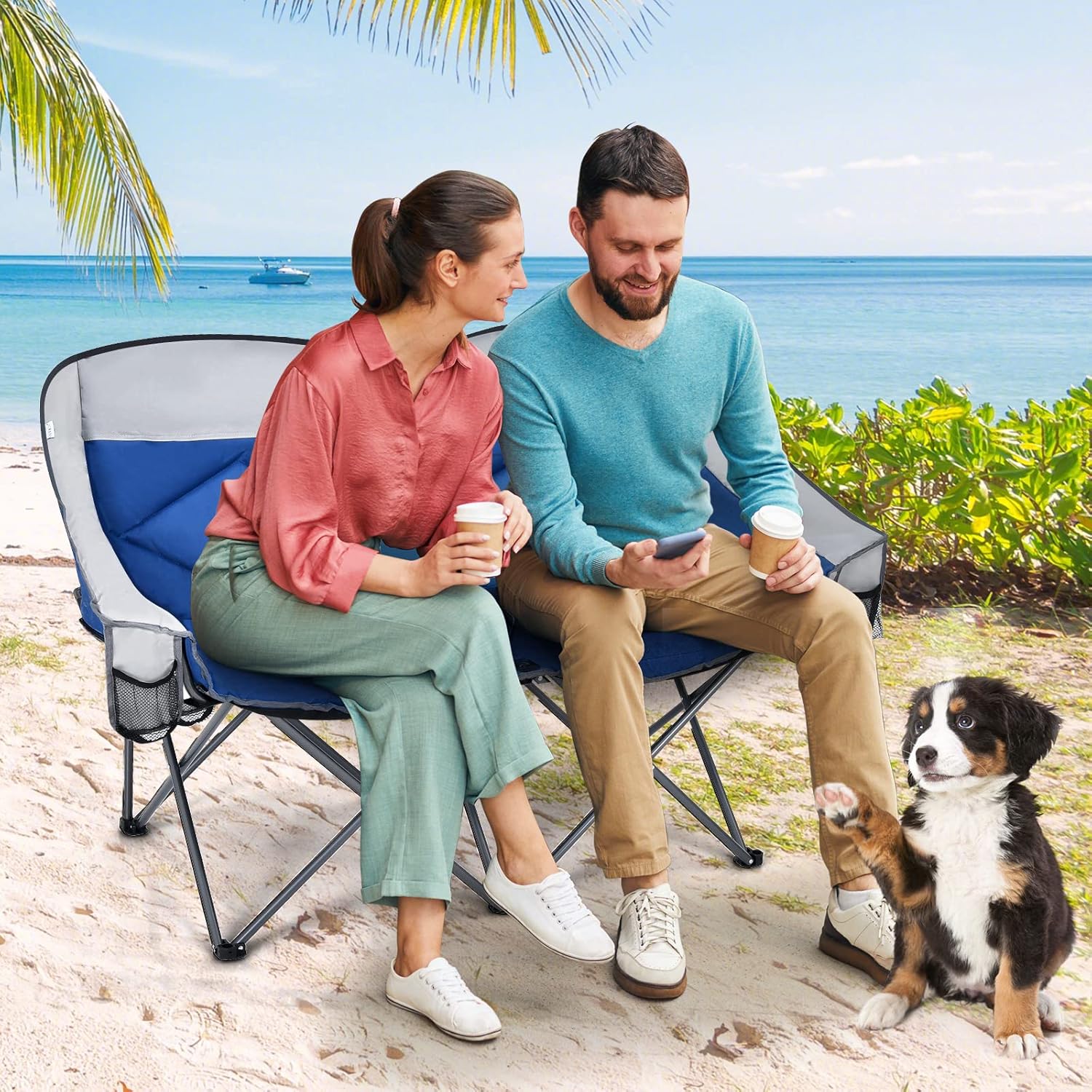 Double Camping Loveseat Chair with 2 Storage Pockets Blue