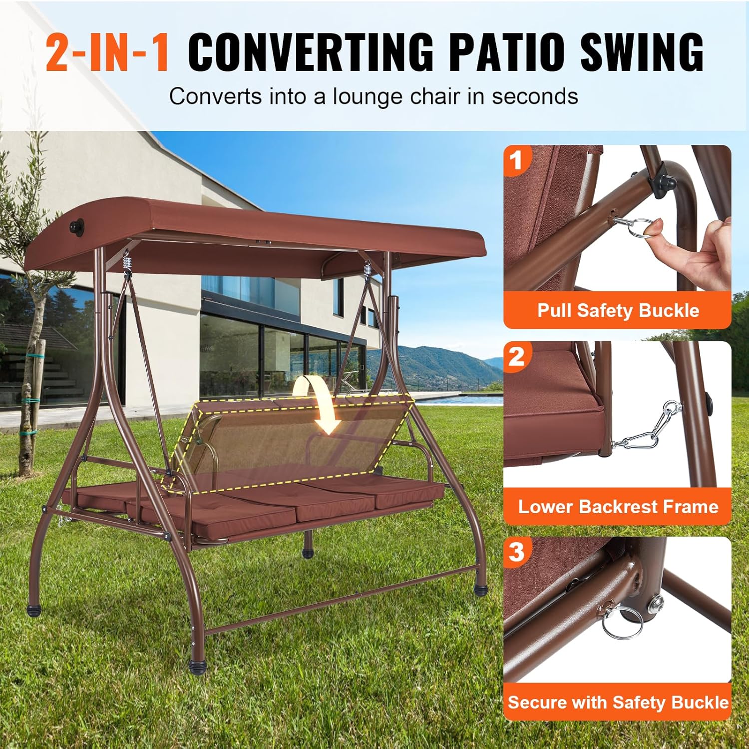 3 Seater Patio Swing Bed Brown Canopy Cushions Steel