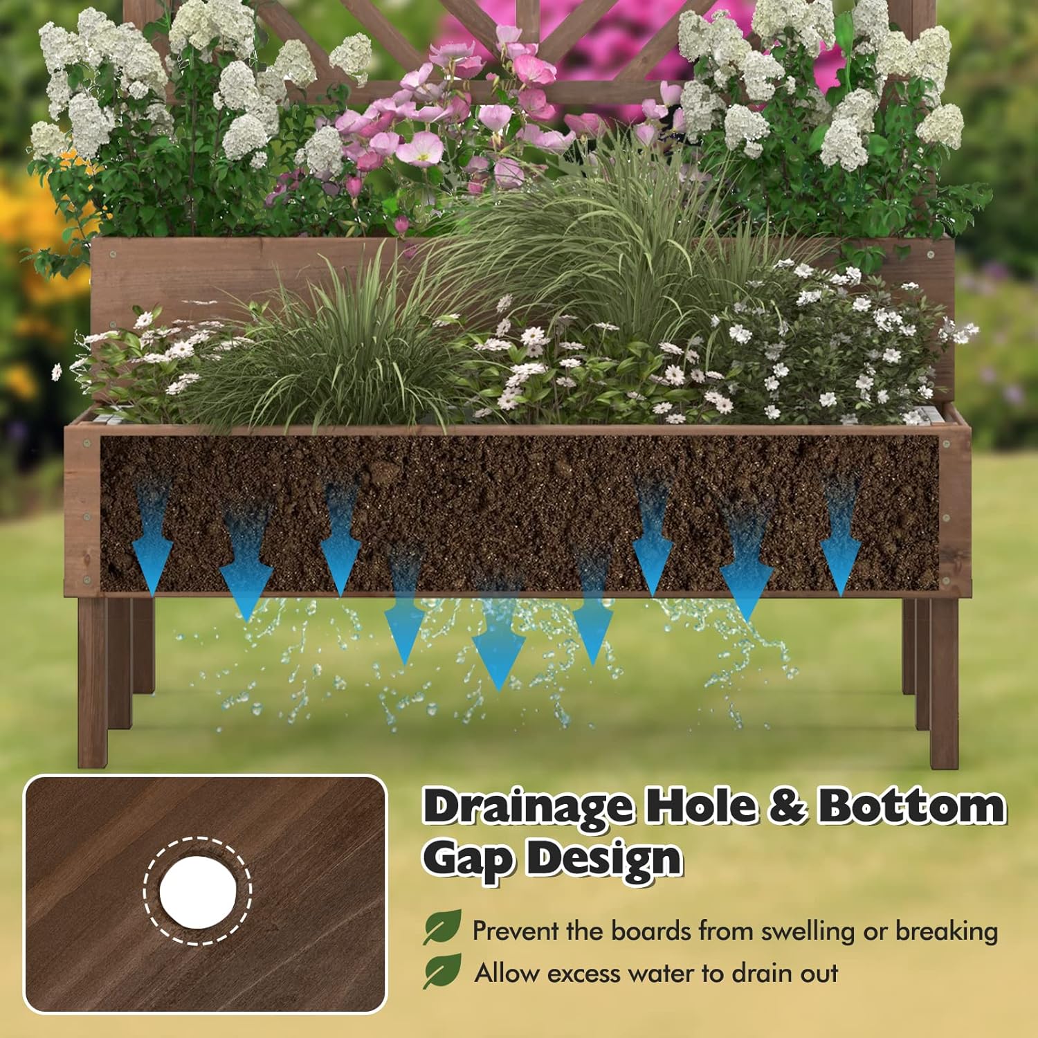 2 Tier Raised Garden Bed with Trellis Wooden Planter 135cm