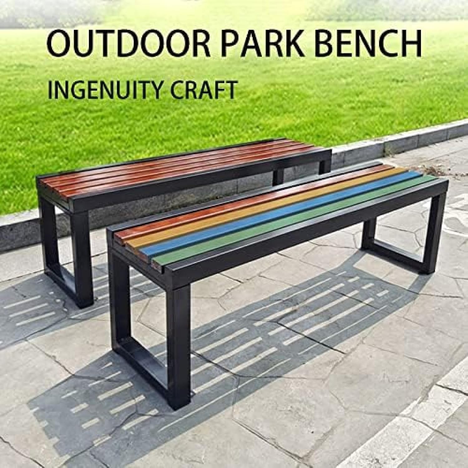 Metal Garden Bench 100cm Outdoor Patio Seat Faux Wood Backless