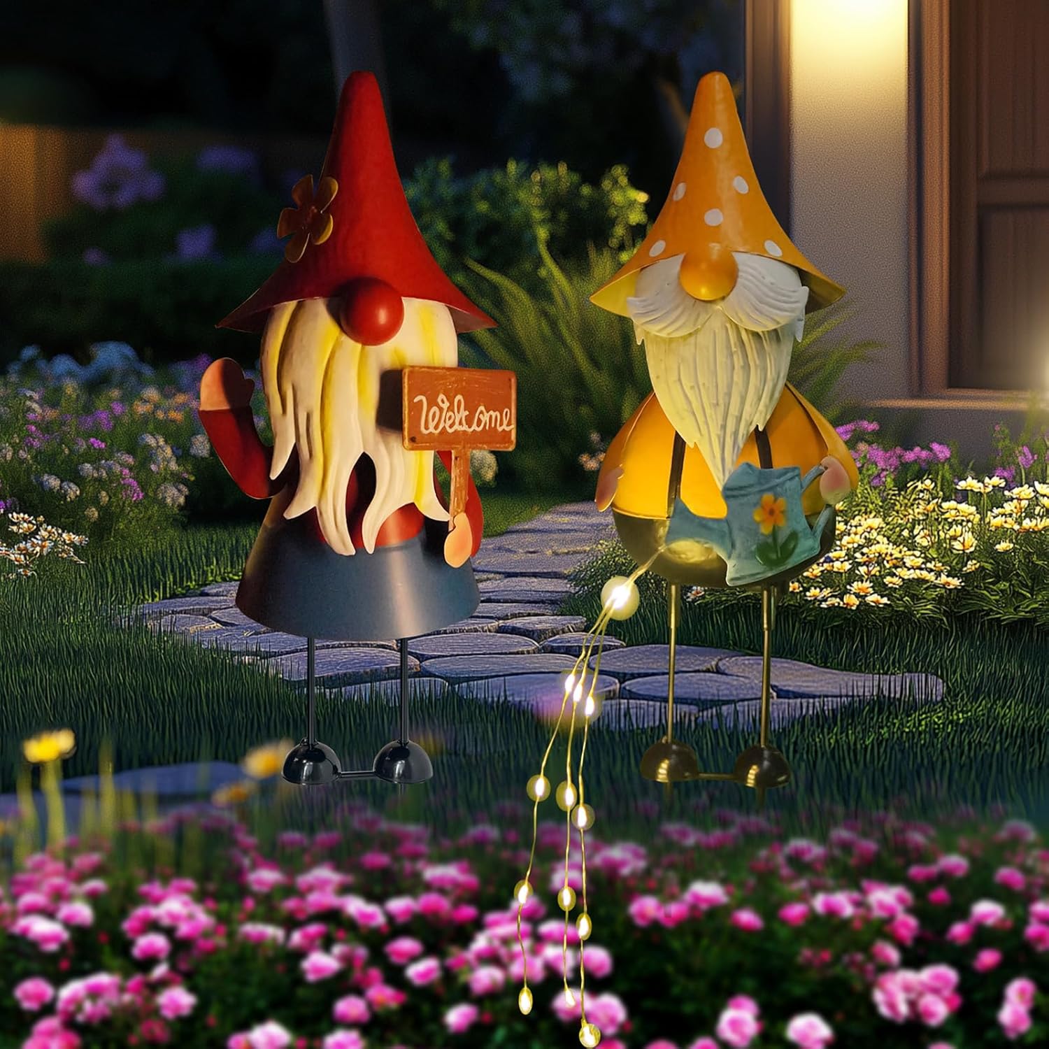 Solar Gnome Garden Statue Watering Can LED Lights 18in Decor