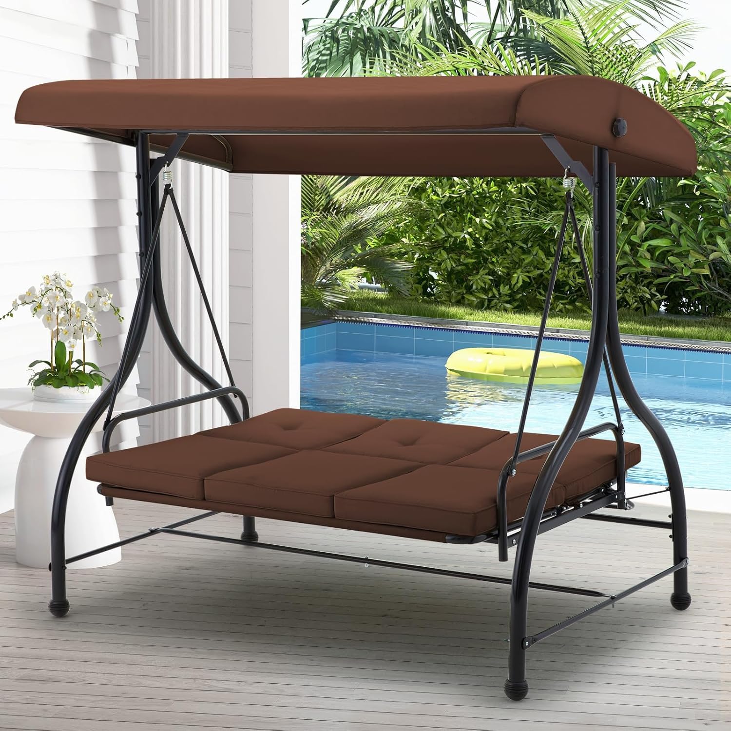 3 Seater Garden Swing Bed with Adjustable Canopy Brown
