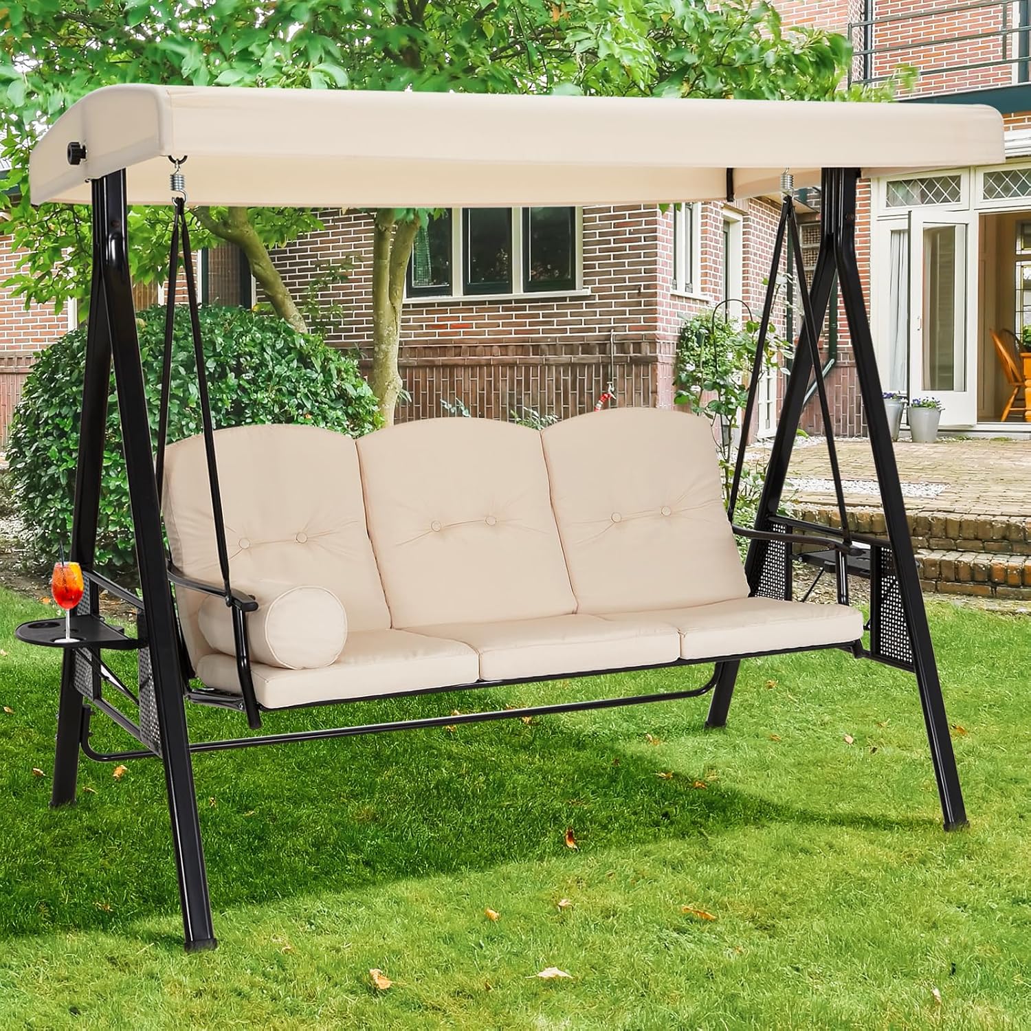 Beige 3 Seater Garden Swing Chair with Canopy