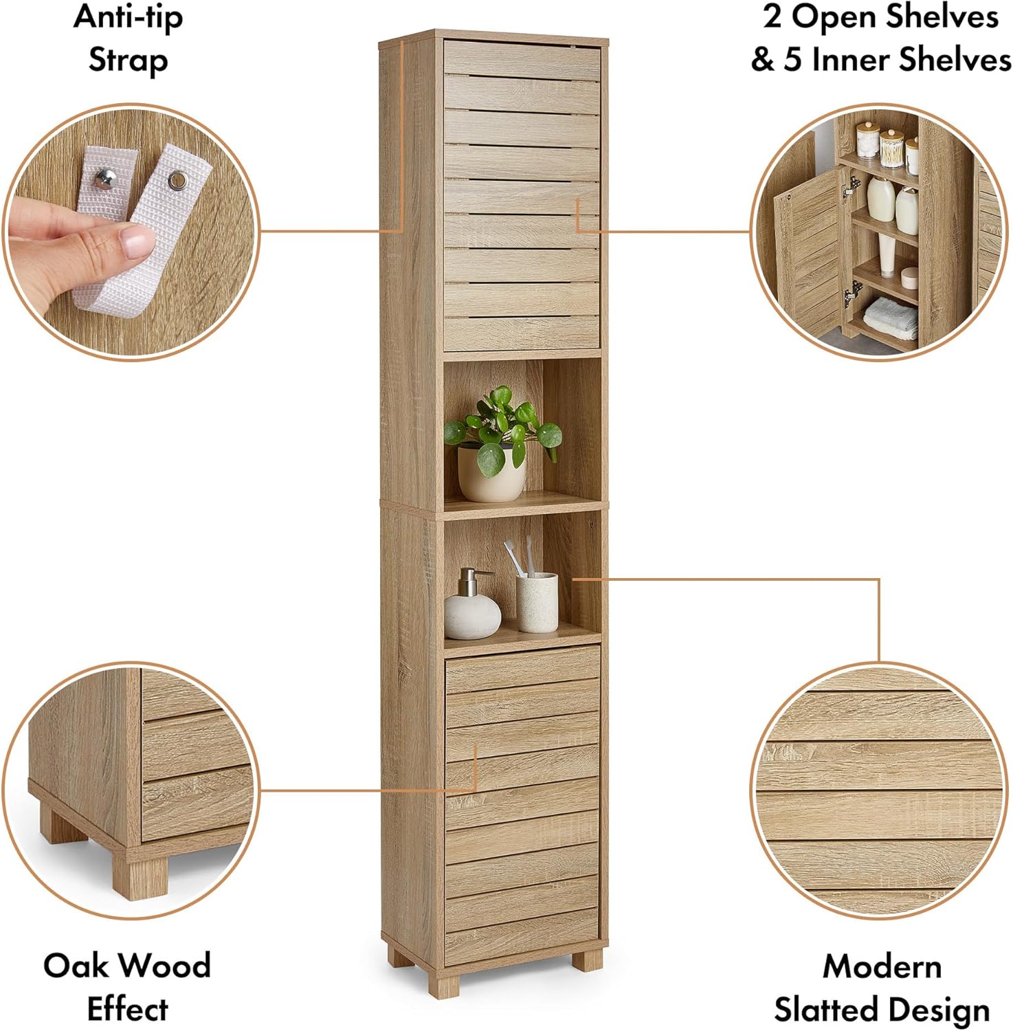 Tall Bathroom Cabinet Oak Effect Tallboy 2 Doors 7 Shelves Storage