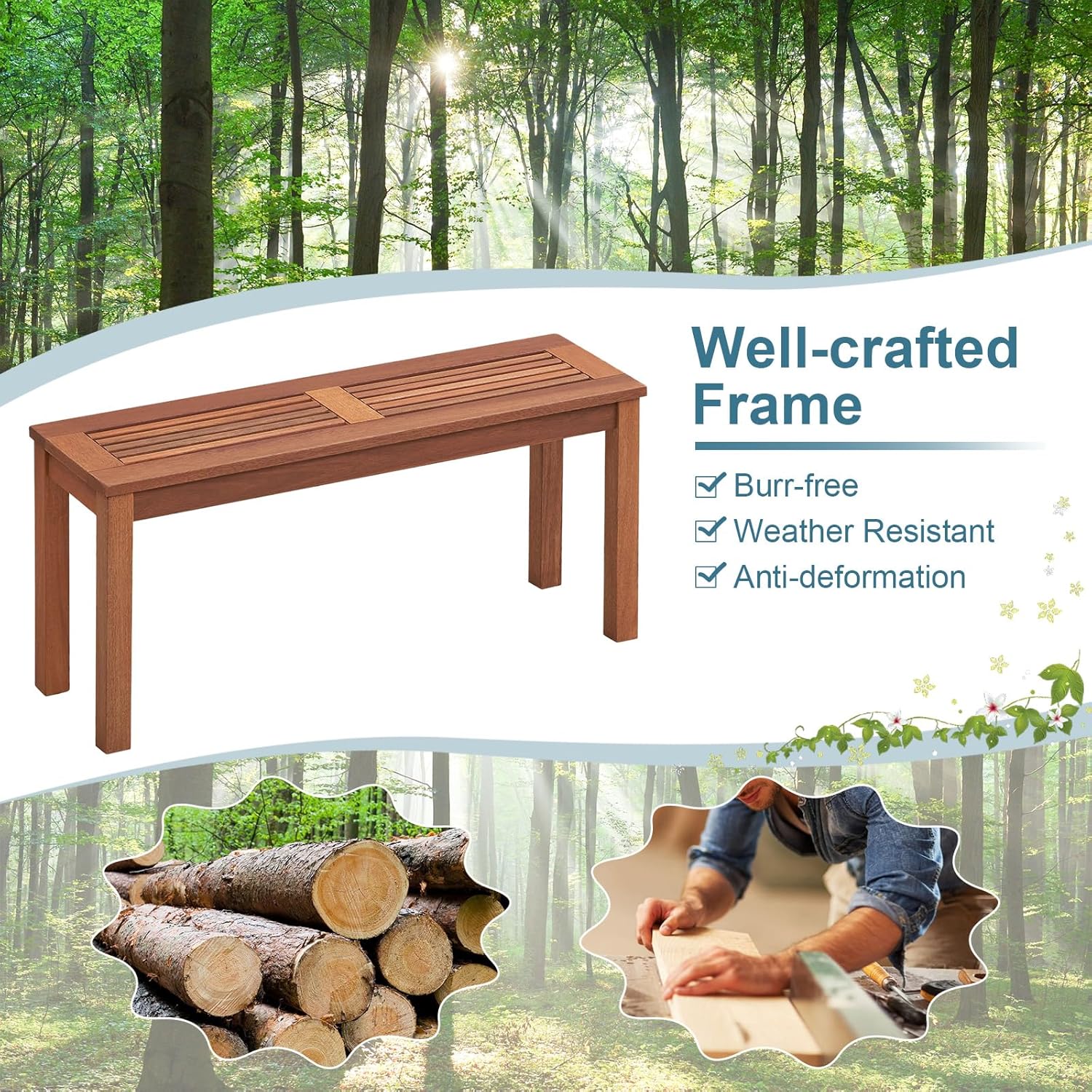 2 Seater Wooden Garden Bench Backless Patio Dining Seat 100cm