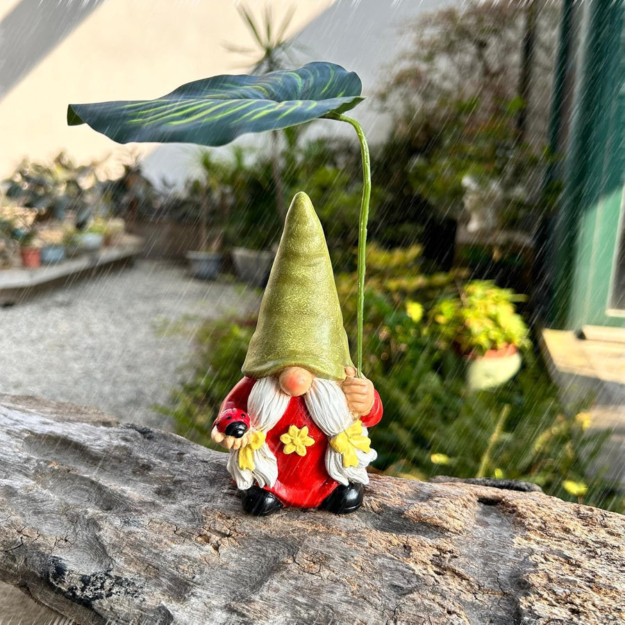 Female Garden Gnome Statue Leaf Umbrella Resin Outdoor Decor