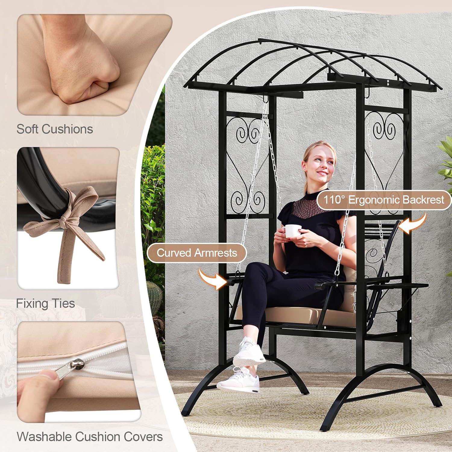 Porch Swing with Stand Canopy Side Tables Beige Black