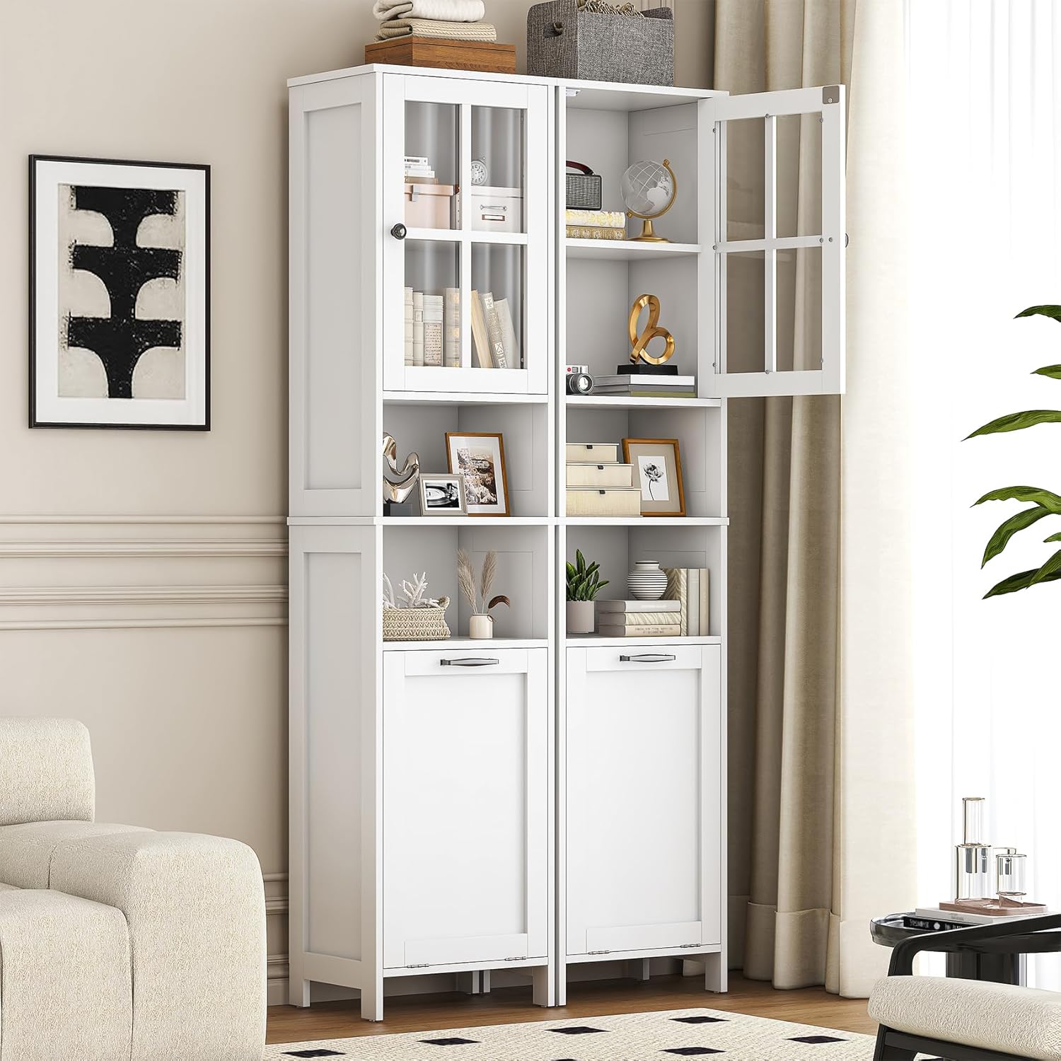Tall Bathroom Cabinet White Laundry Basket Shelf Unit