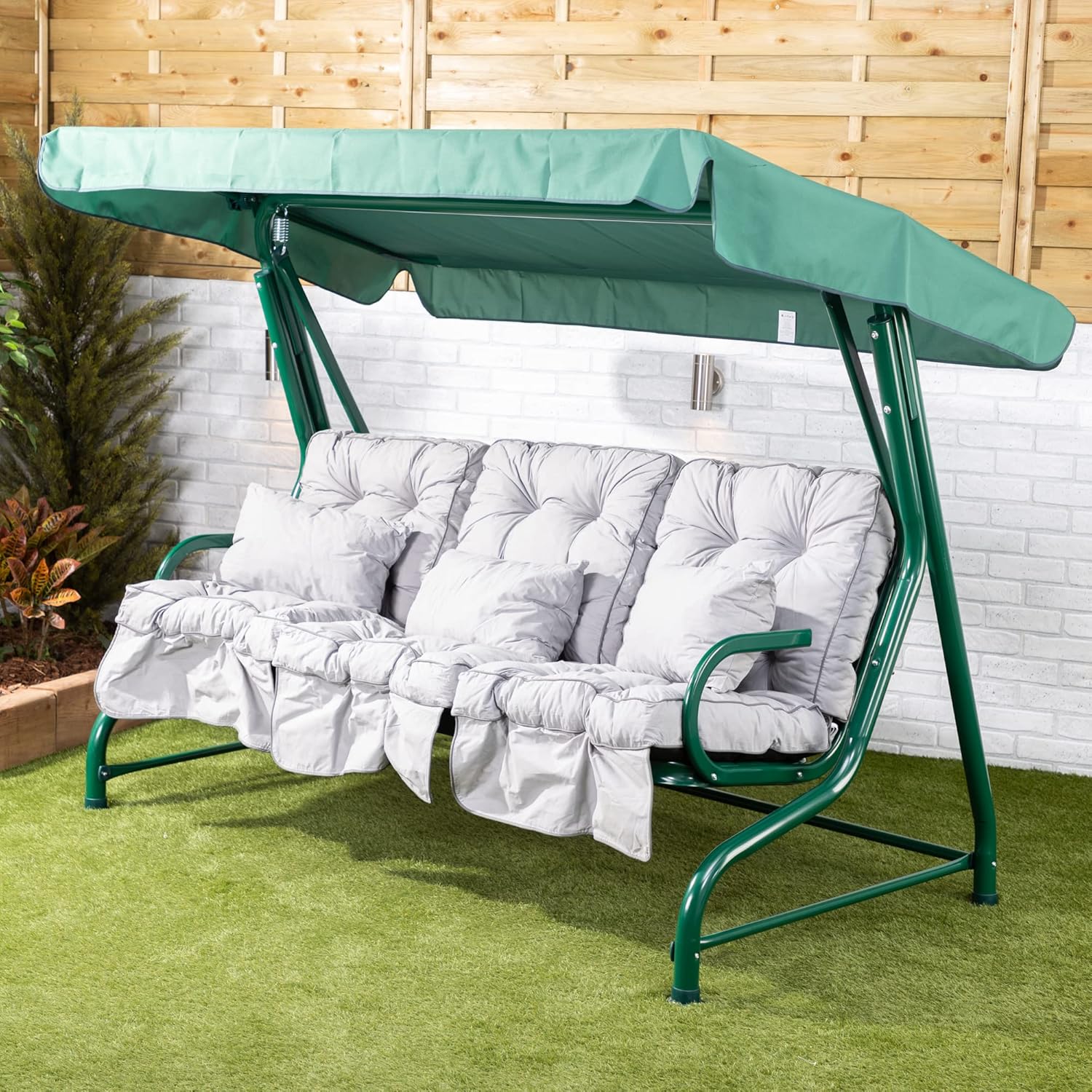 3 Seater Garden Swing Seat Grey Canopy Cushions 250kg