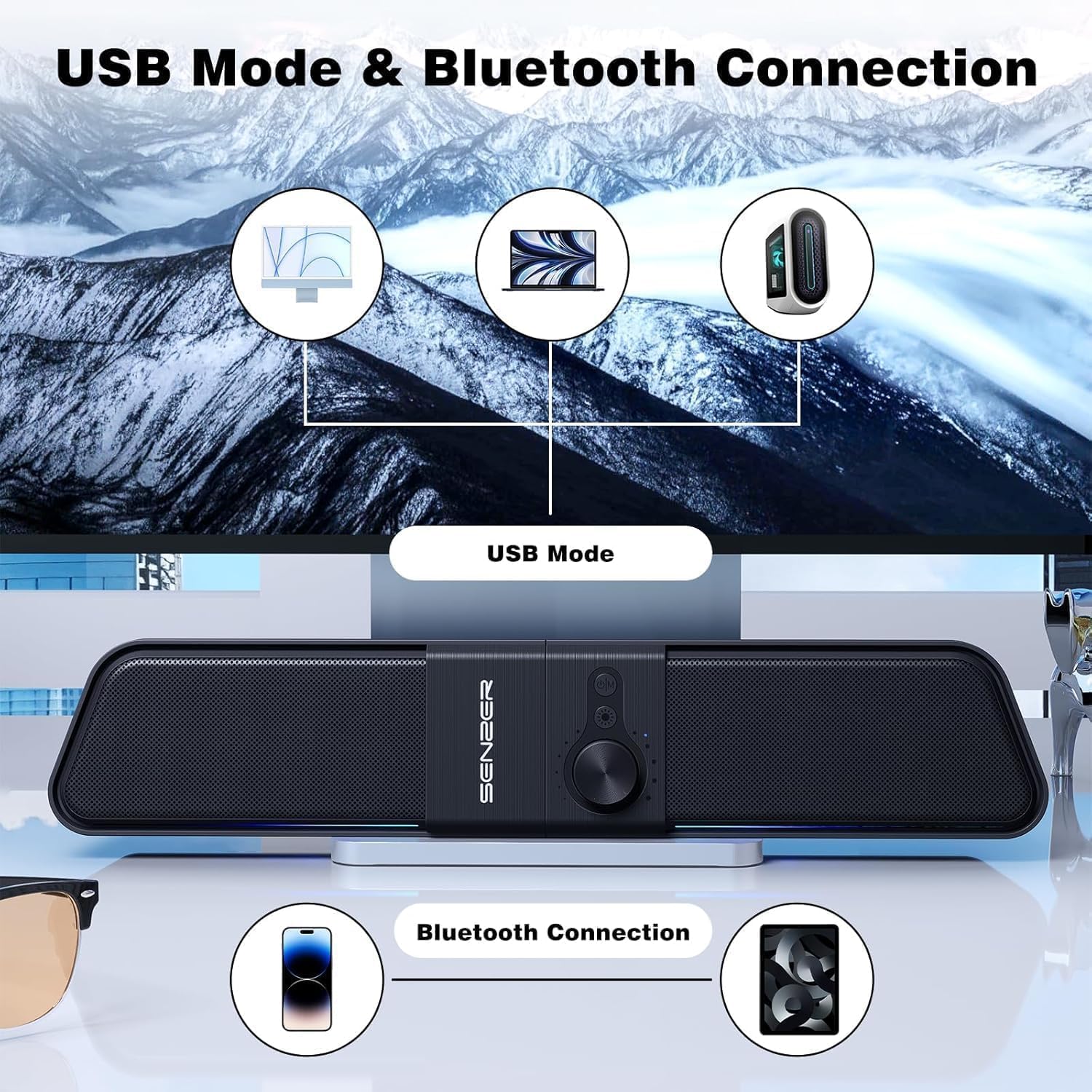 PC Soundbar Speaker USB Bluetooth RGB Desktop Gaming Audio